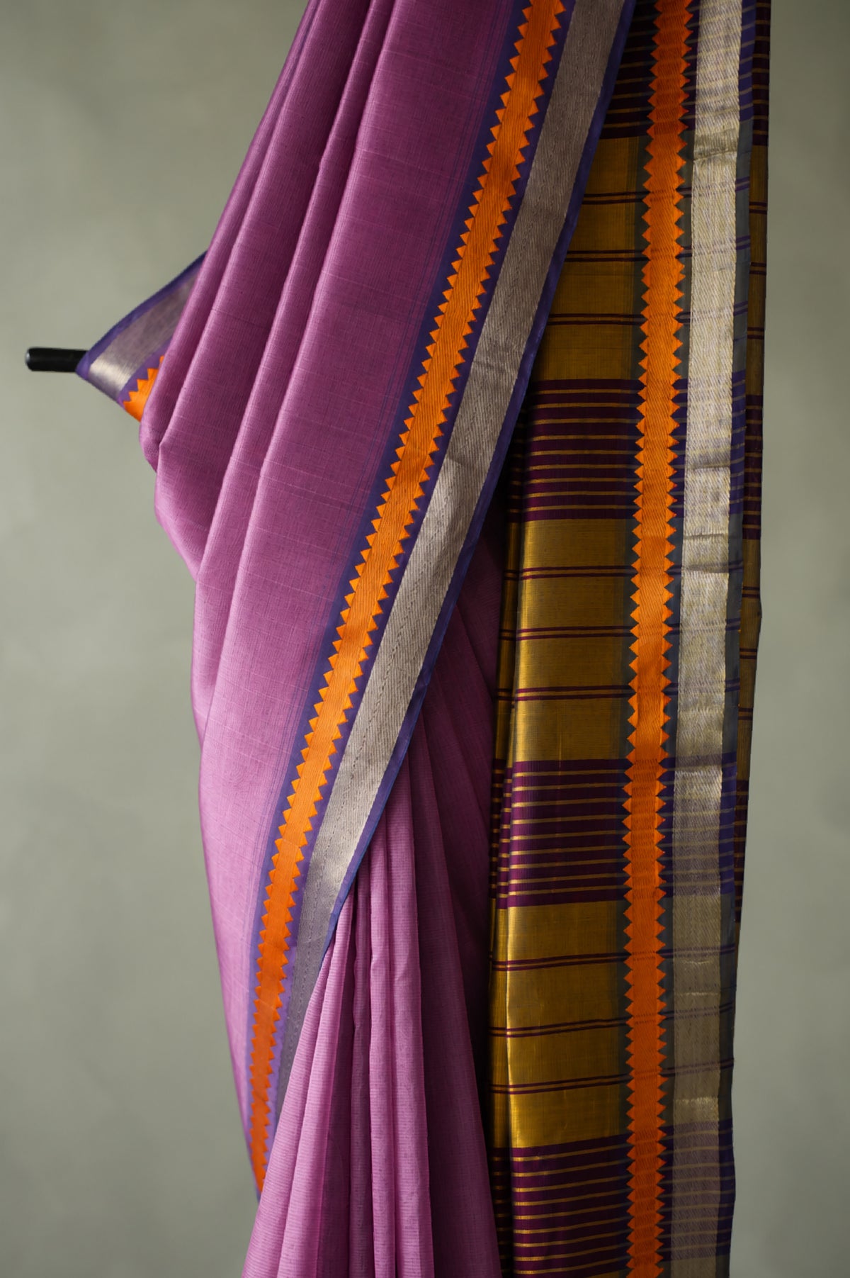 Dusty Lavender with Orange & Silver Border Mangalagiri Silk Cotton Saree