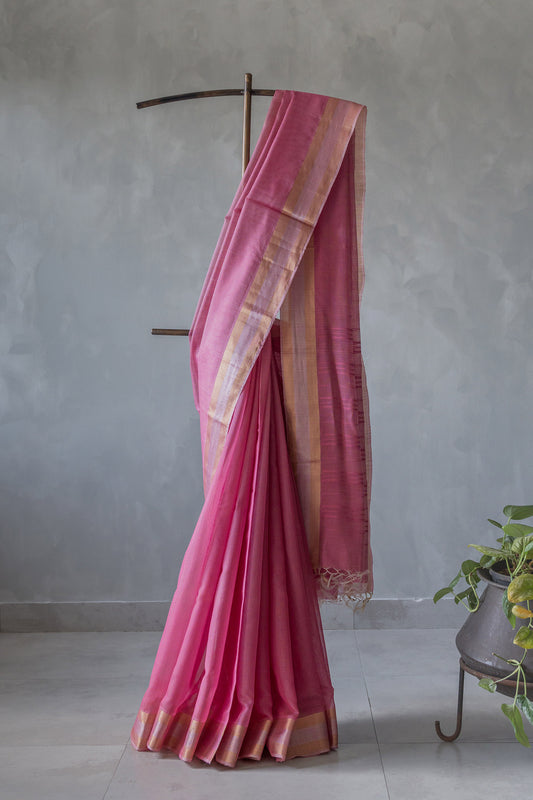 Pink Silk with Mercerised Cotton with Mock Leno Weave Saree