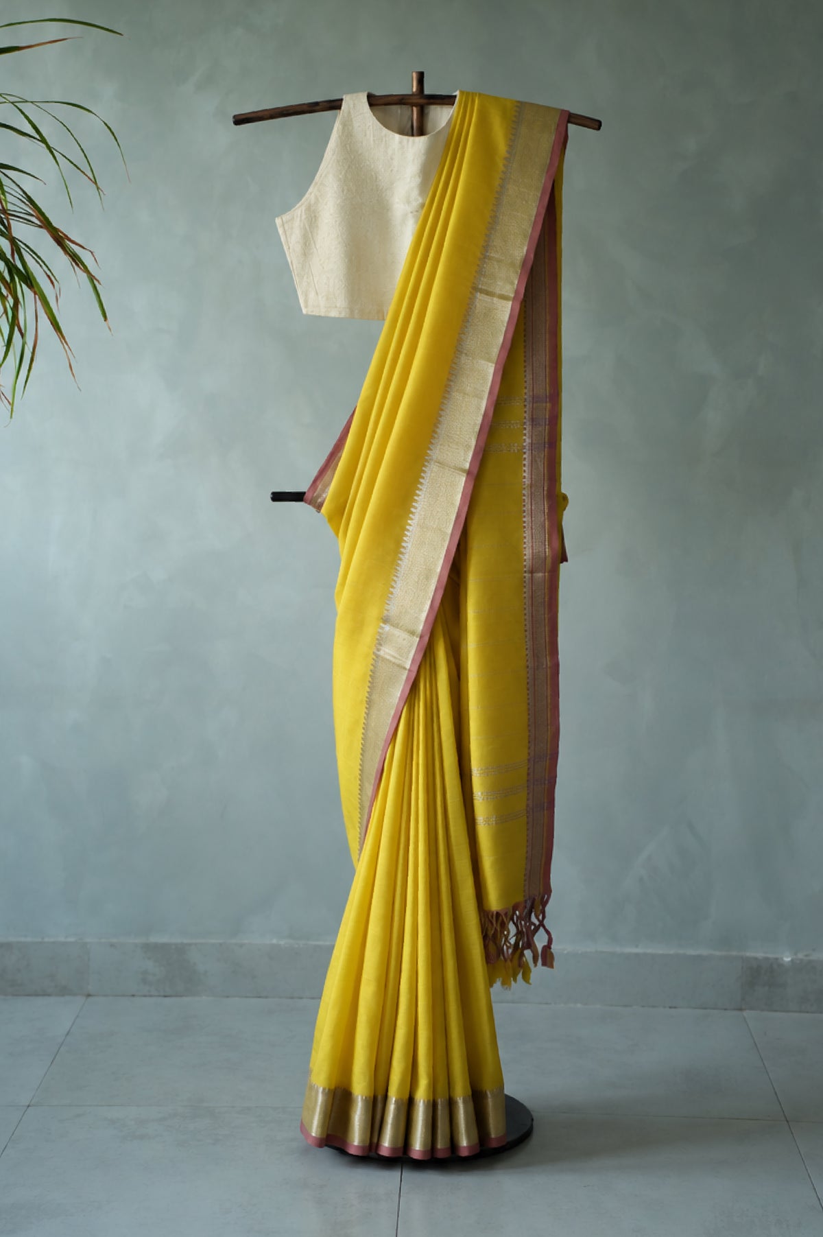 Marigold Yellow Mangalagiri Silk Cotton with Silver and Rose Pink Border Saree