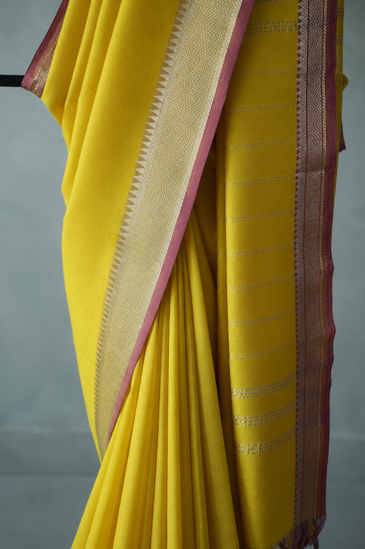 Marigold Yellow Mangalagiri Silk Cotton with Silver and Rose Pink Border Saree