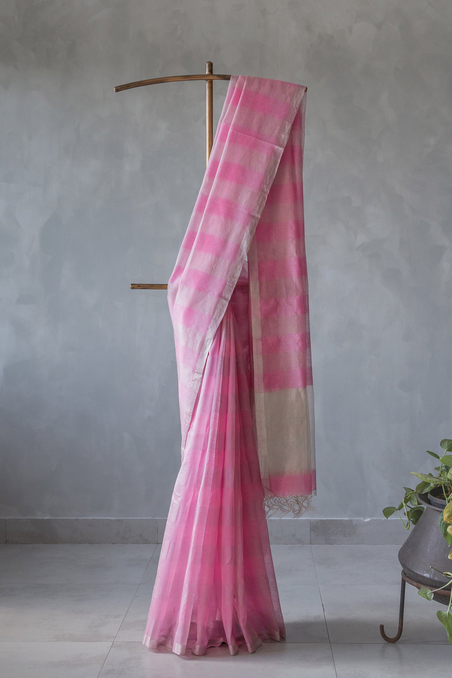 Pink Silk with Mercerised Cotton and Big Zari Checks Saree