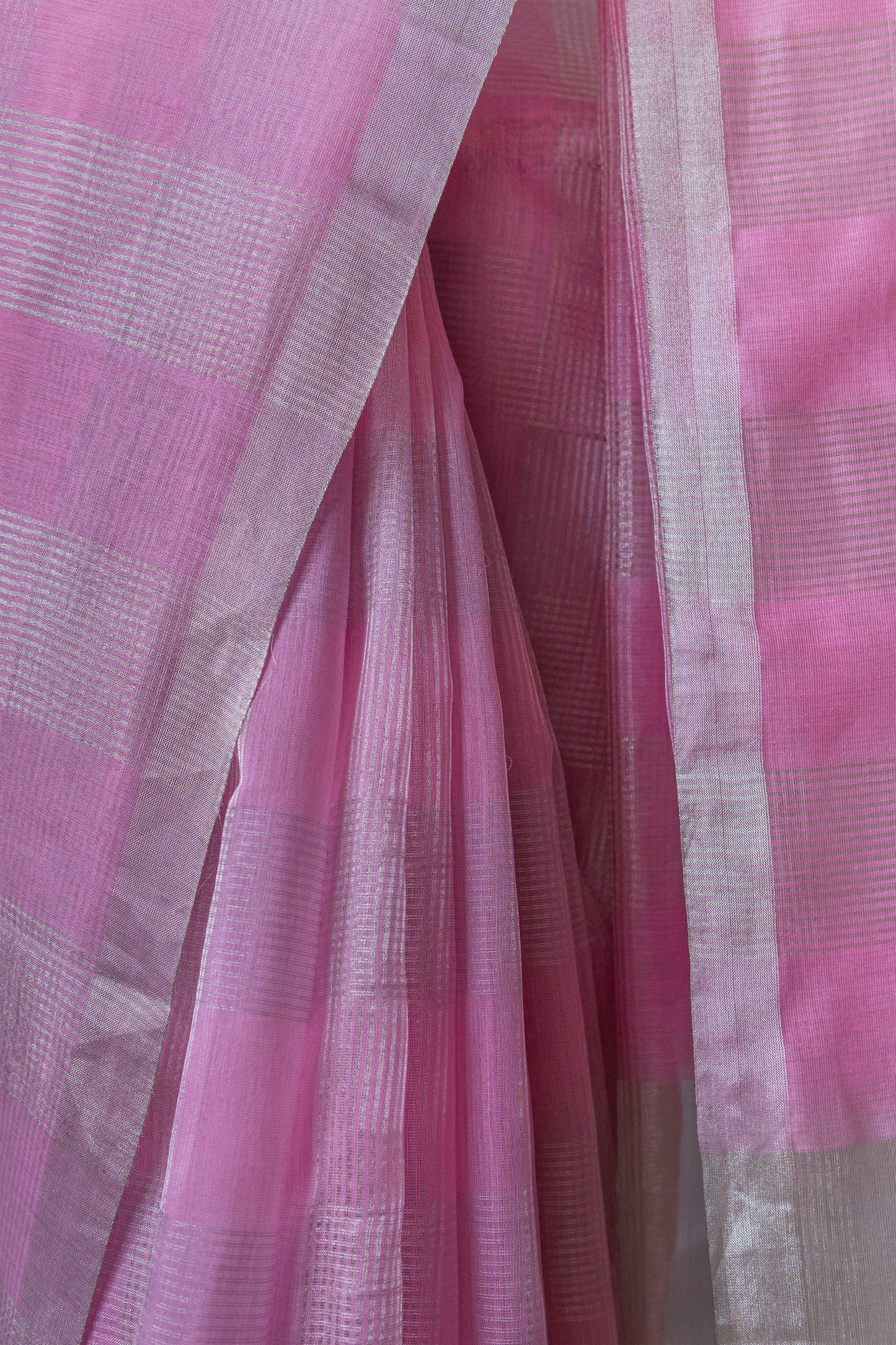 Pink Silk with Mercerised Cotton and Big Zari Checks Saree