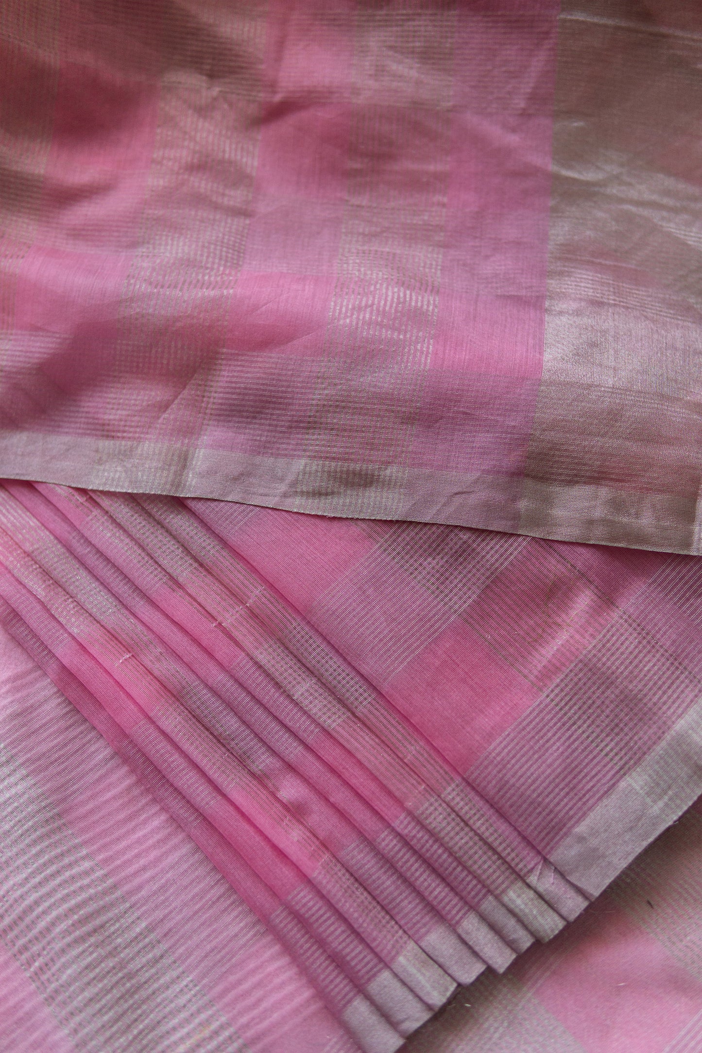 Pink Silk with Mercerised Cotton and Big Zari Checks Saree