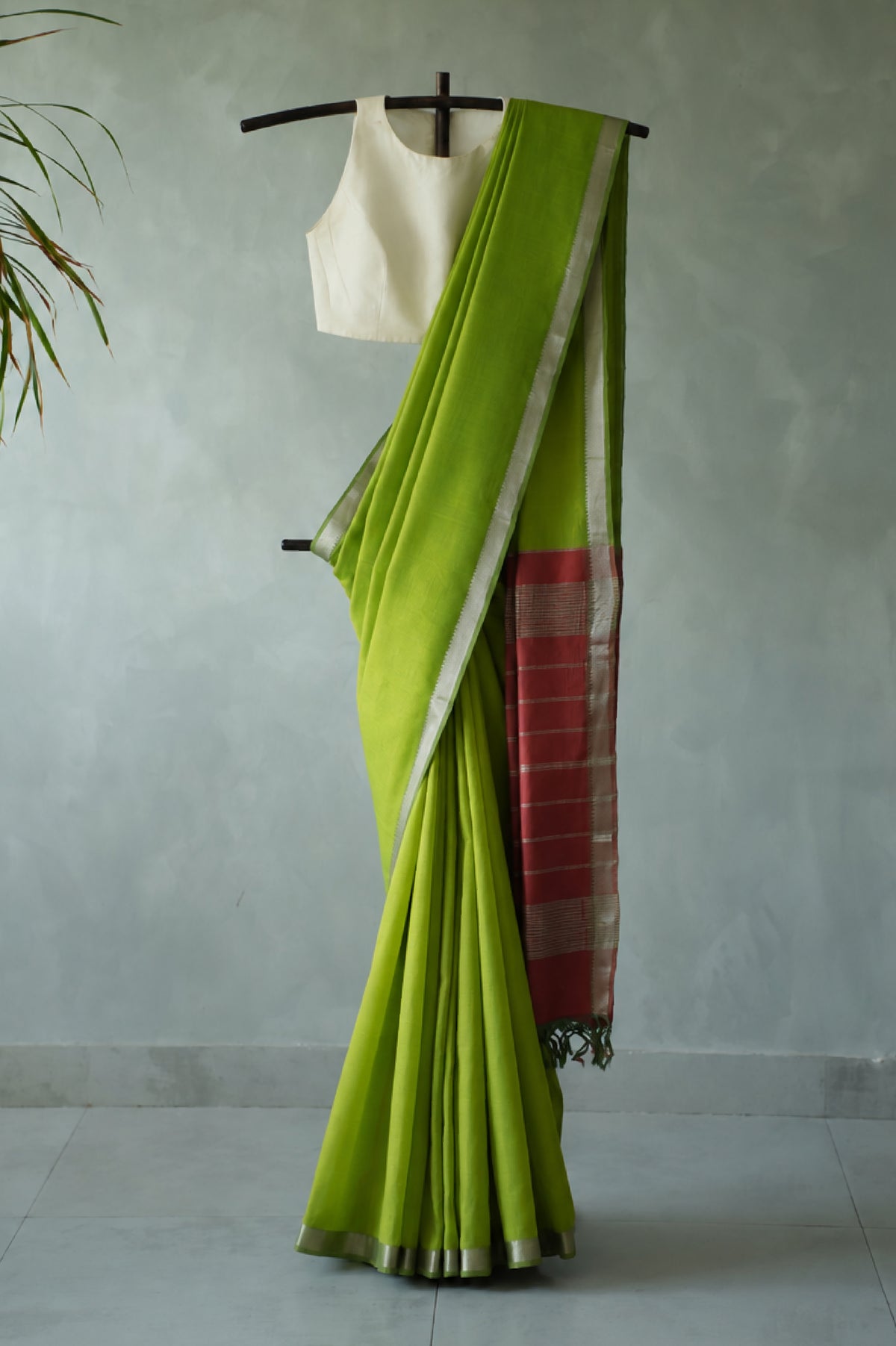Leaf Green Mangalagiri Silk Cotton with Silver Border and Maroon Pallu Saree