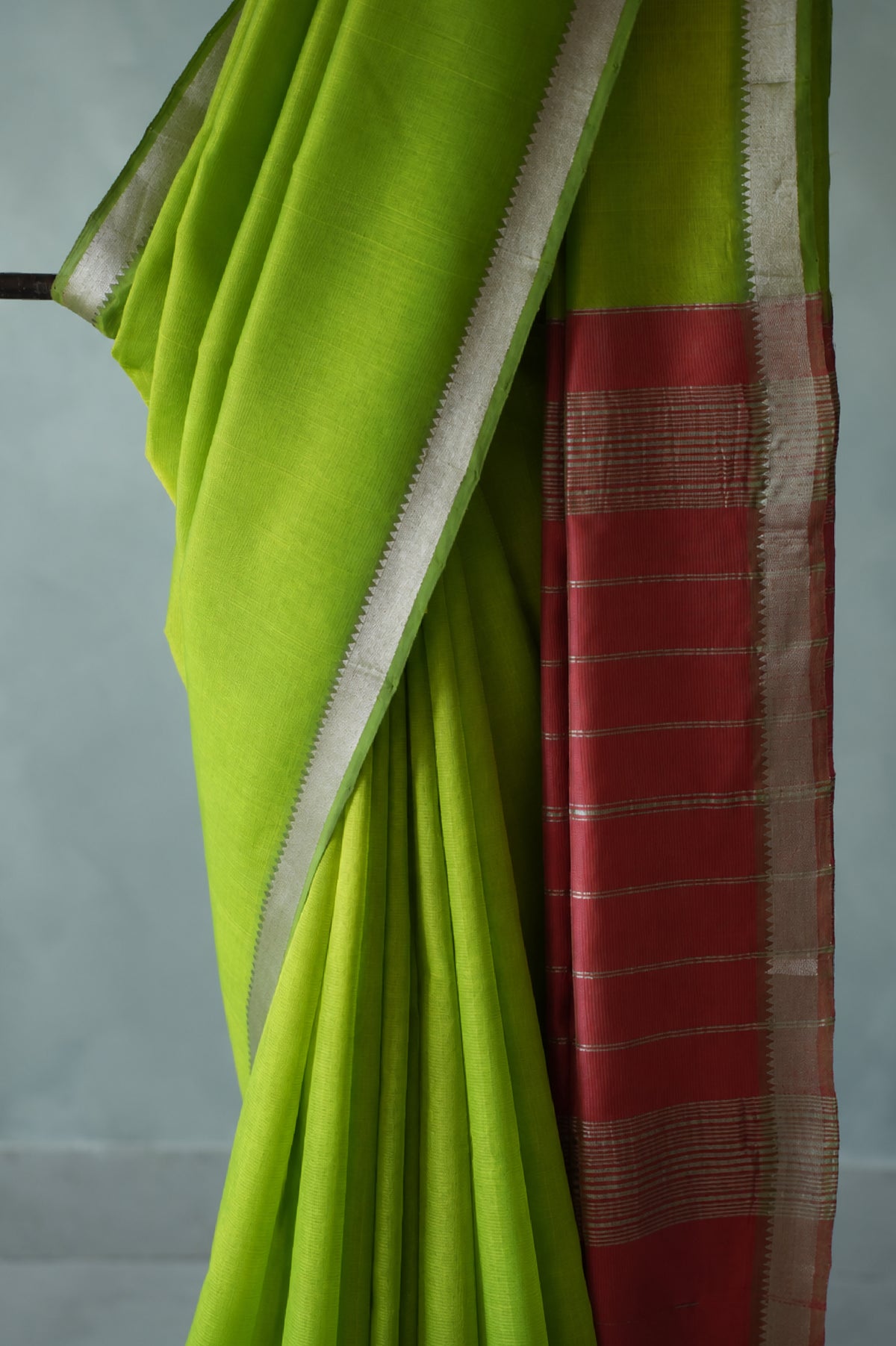 Leaf Green Mangalagiri Silk Cotton with Silver Border and Maroon Pallu Saree