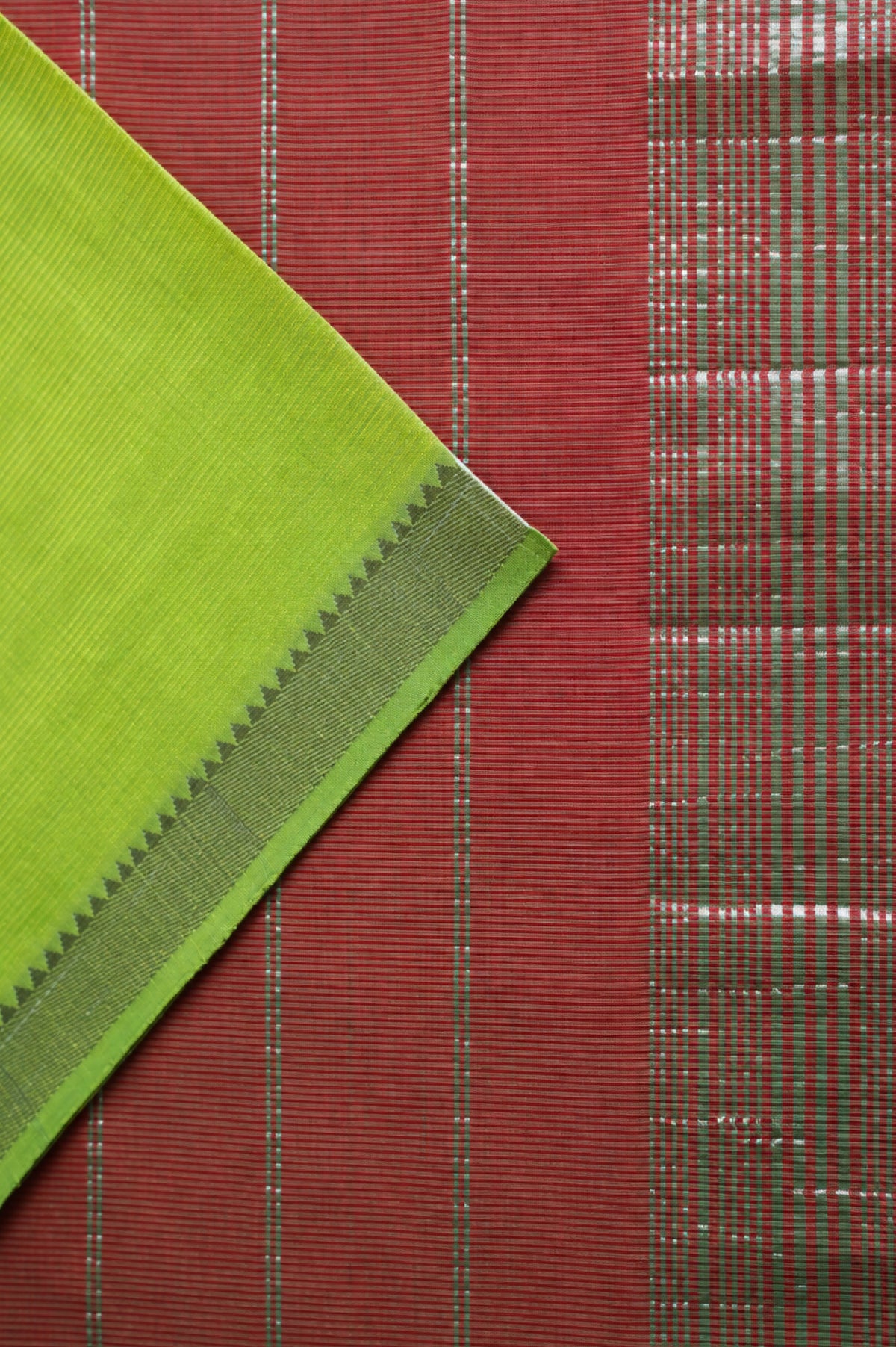 Leaf Green Mangalagiri Silk Cotton with Silver Border and Maroon Pallu Saree
