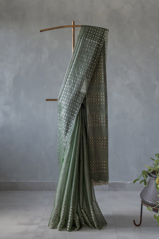 Green Silk with Mercerised Cotton with Round Sequin Border Pallu Saree