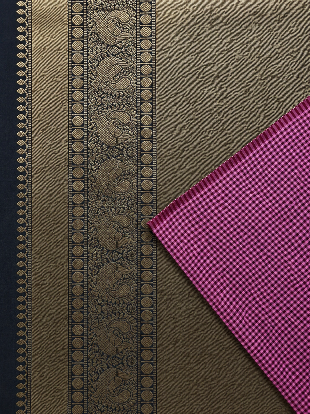Pink and Red Micro Checks with Black and Gold Pallu