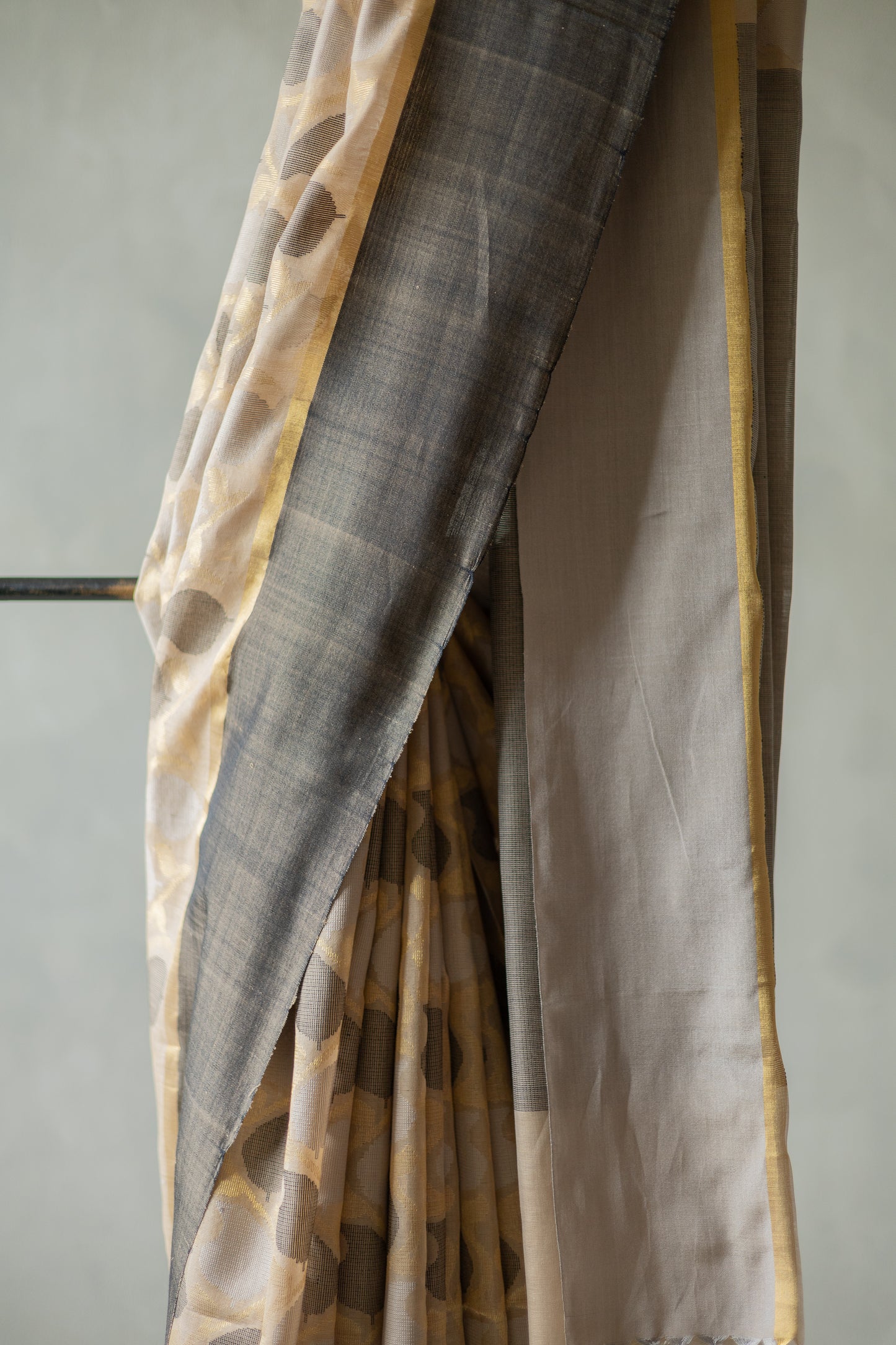 Beige Tussar Silk Cotton with Black Mango Motif Saree