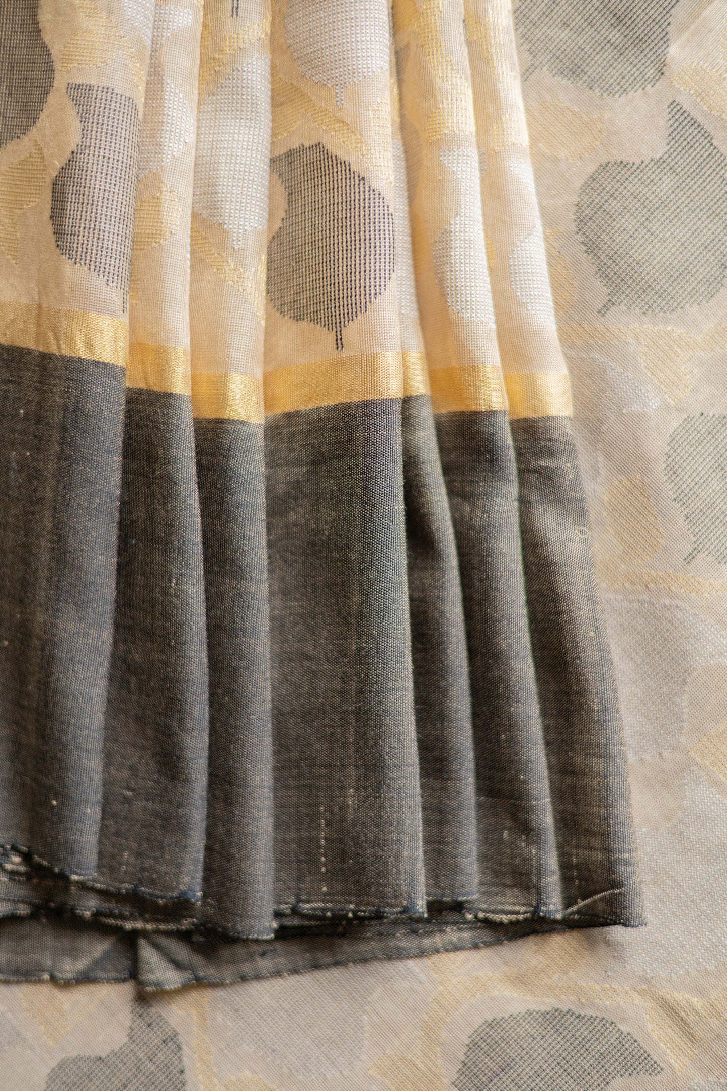 Beige Tussar Silk Cotton with Black Mango Motif Saree