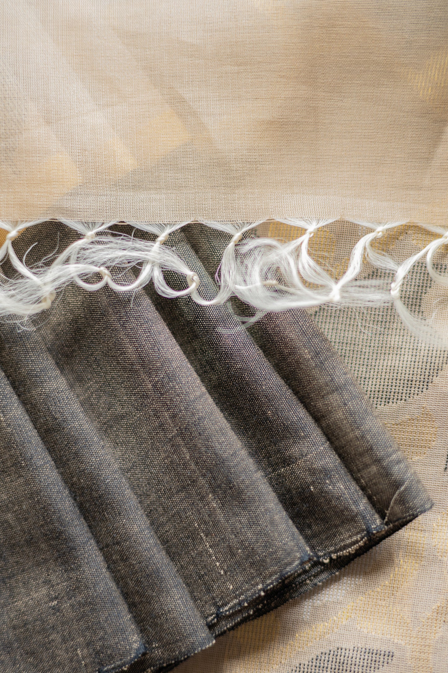 Beige Tussar Silk Cotton with Black Mango Motif Saree