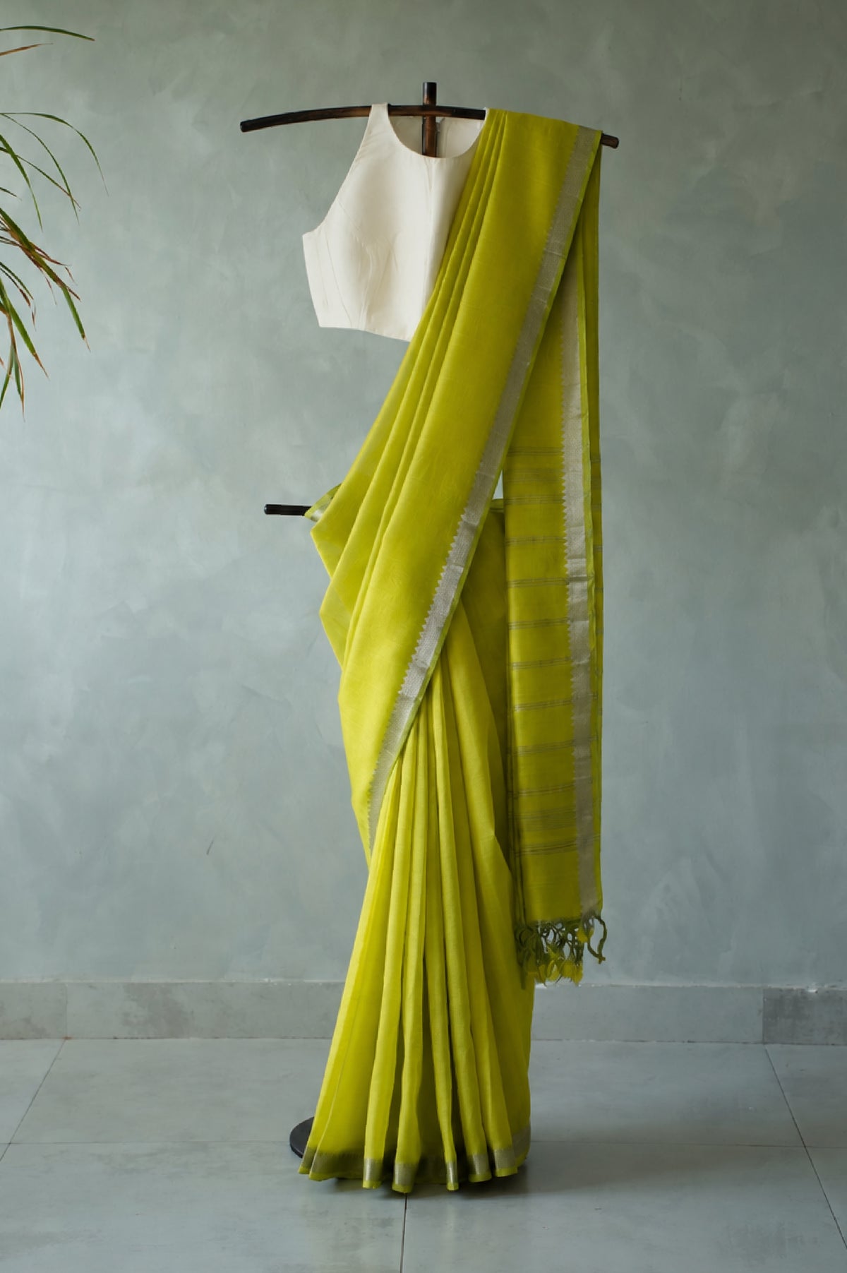 Chartreuse Yellow Green Mangalagiri Silk Cotton Saree with Silver Zari Border