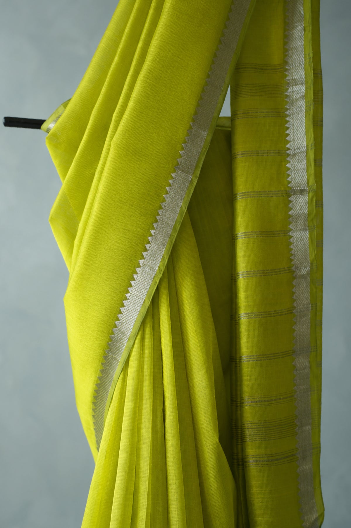 Chartreuse Yellow Green Mangalagiri Silk Cotton Saree with Silver Zari Border