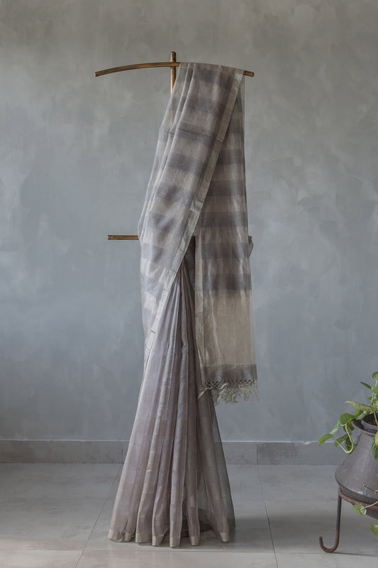 Grey Silk with Mercerised Cotton and Big Zari Checks Saree