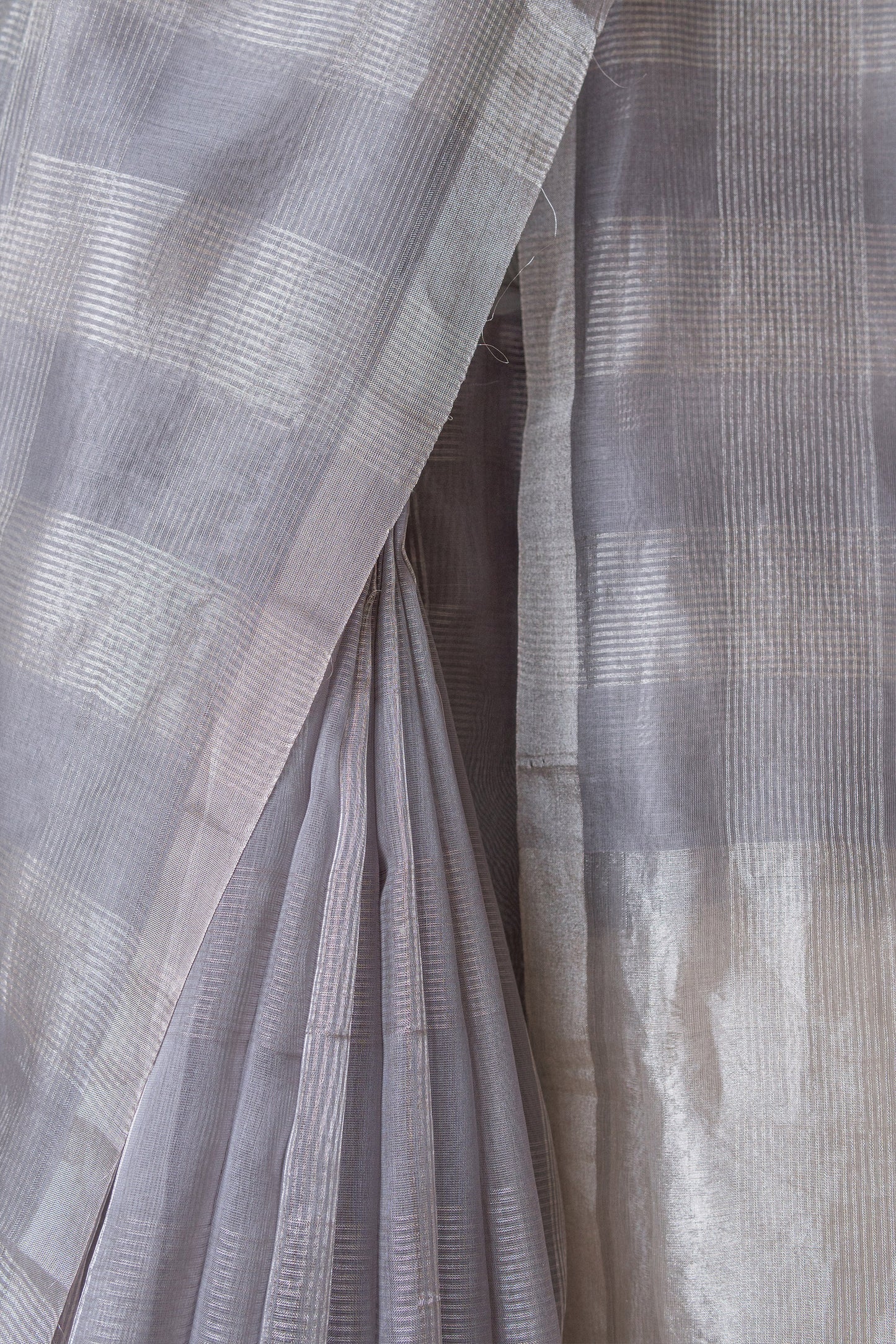 Grey Silk with Mercerised Cotton and Big Zari Checks Saree