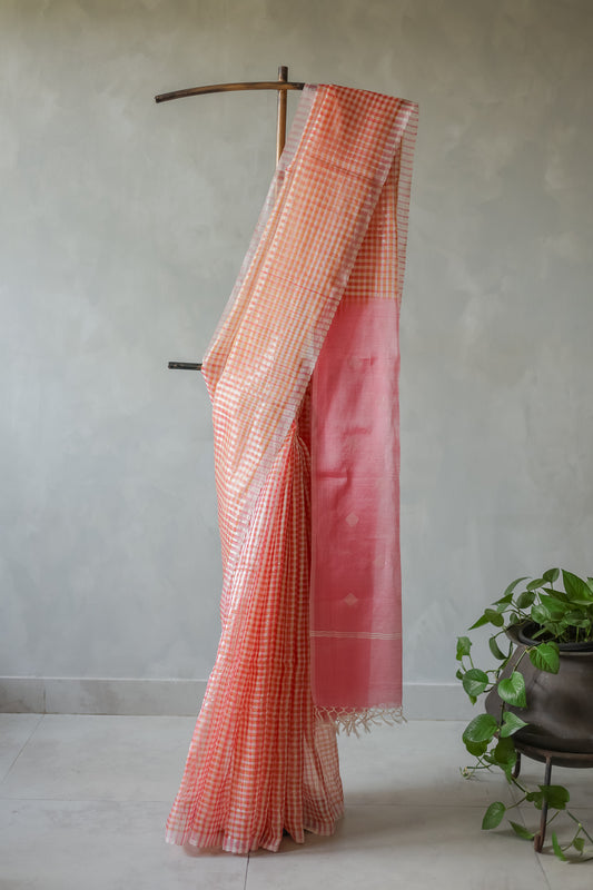 Pink and White Missing Checks Silk Cotton Saree