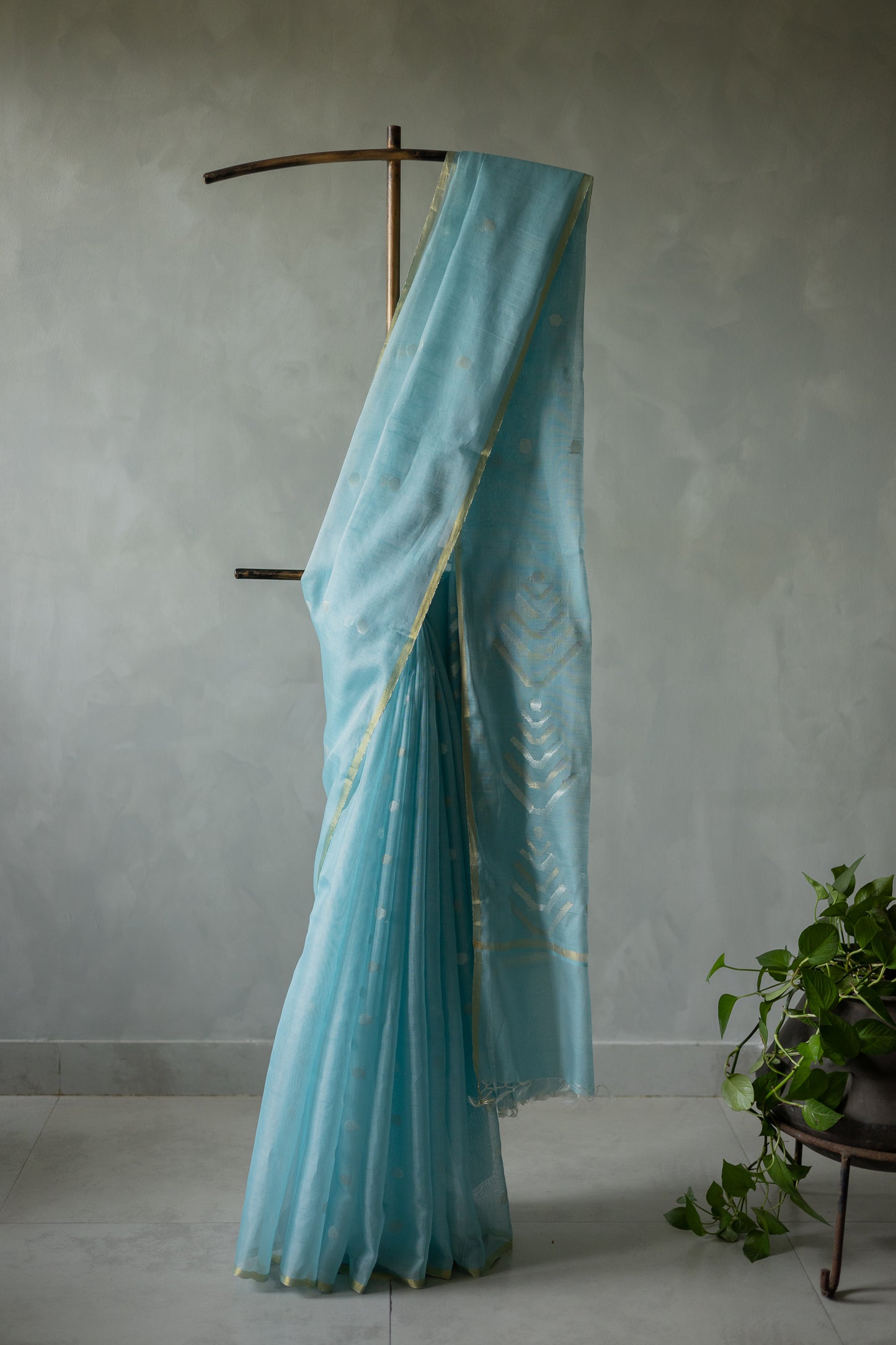 Blue Silk Cotton All Over Polka Bengal Jala Pallu Saree