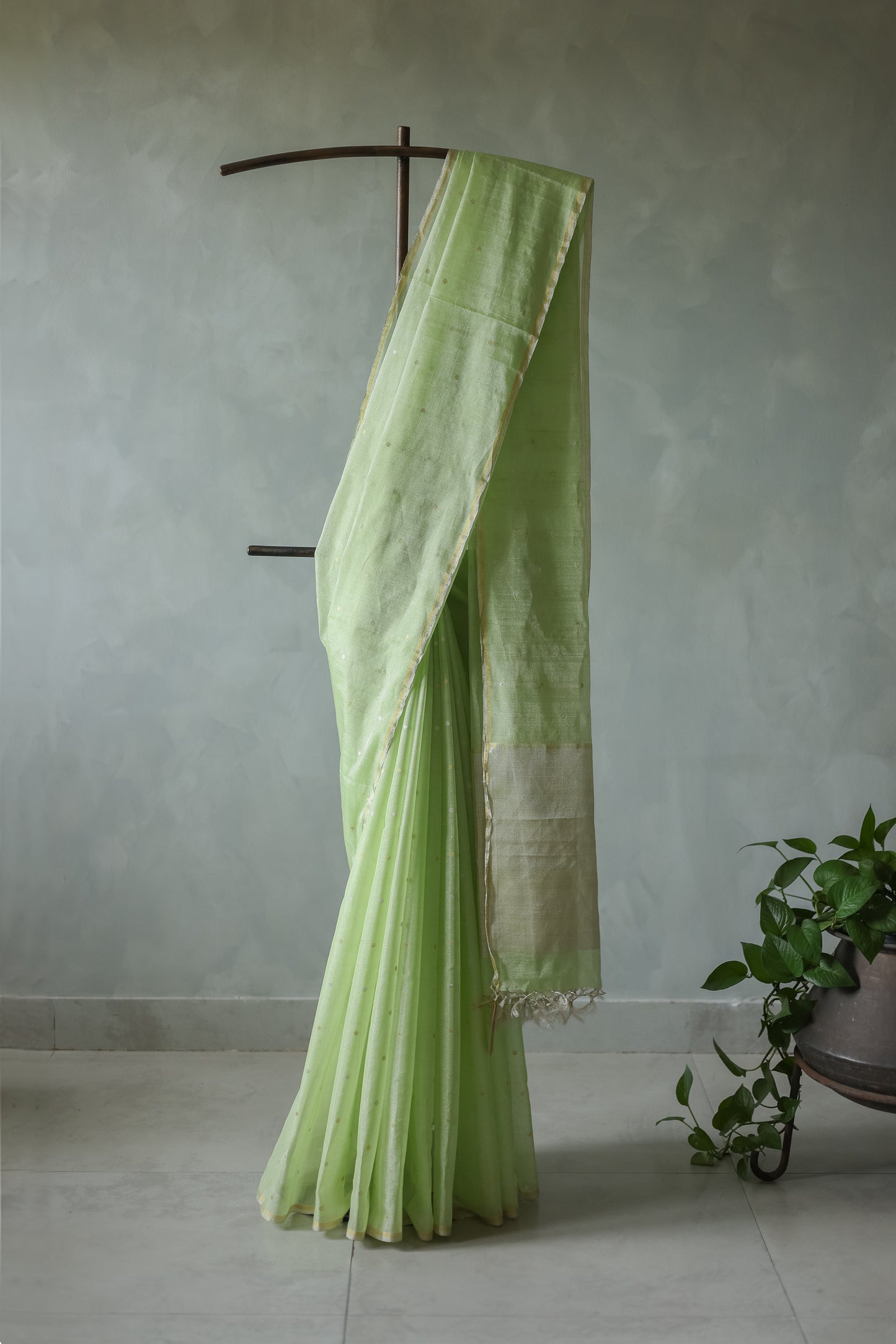 Light Green Silk Cotton Tissue All Over Small Zari Polka Saree