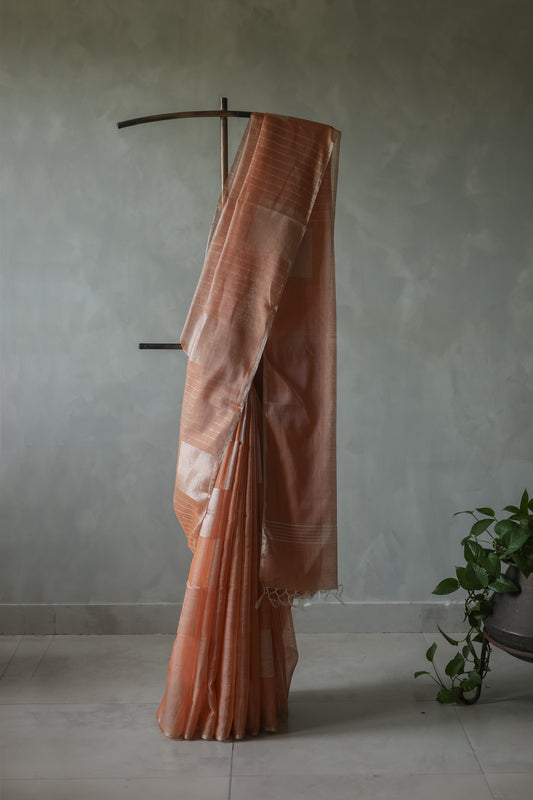 Rust Orange Silk Cotton All Over Zari Stripe with All Over Big Boxes Body Saree