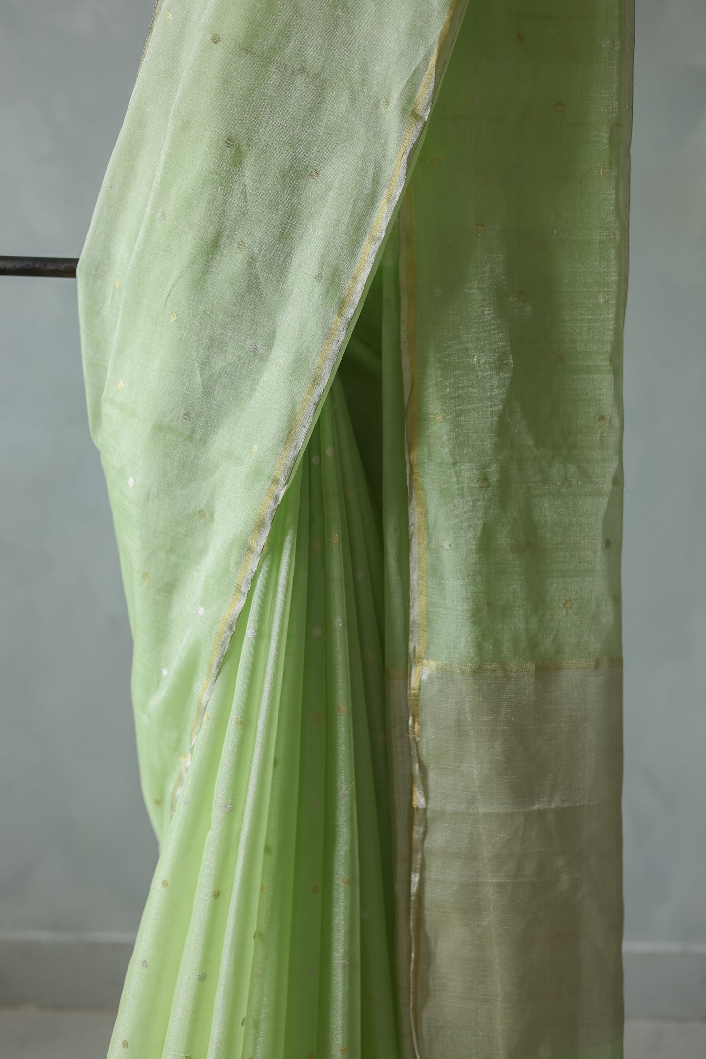 Light Green Silk Cotton Tissue All Over Small Zari Polka Saree