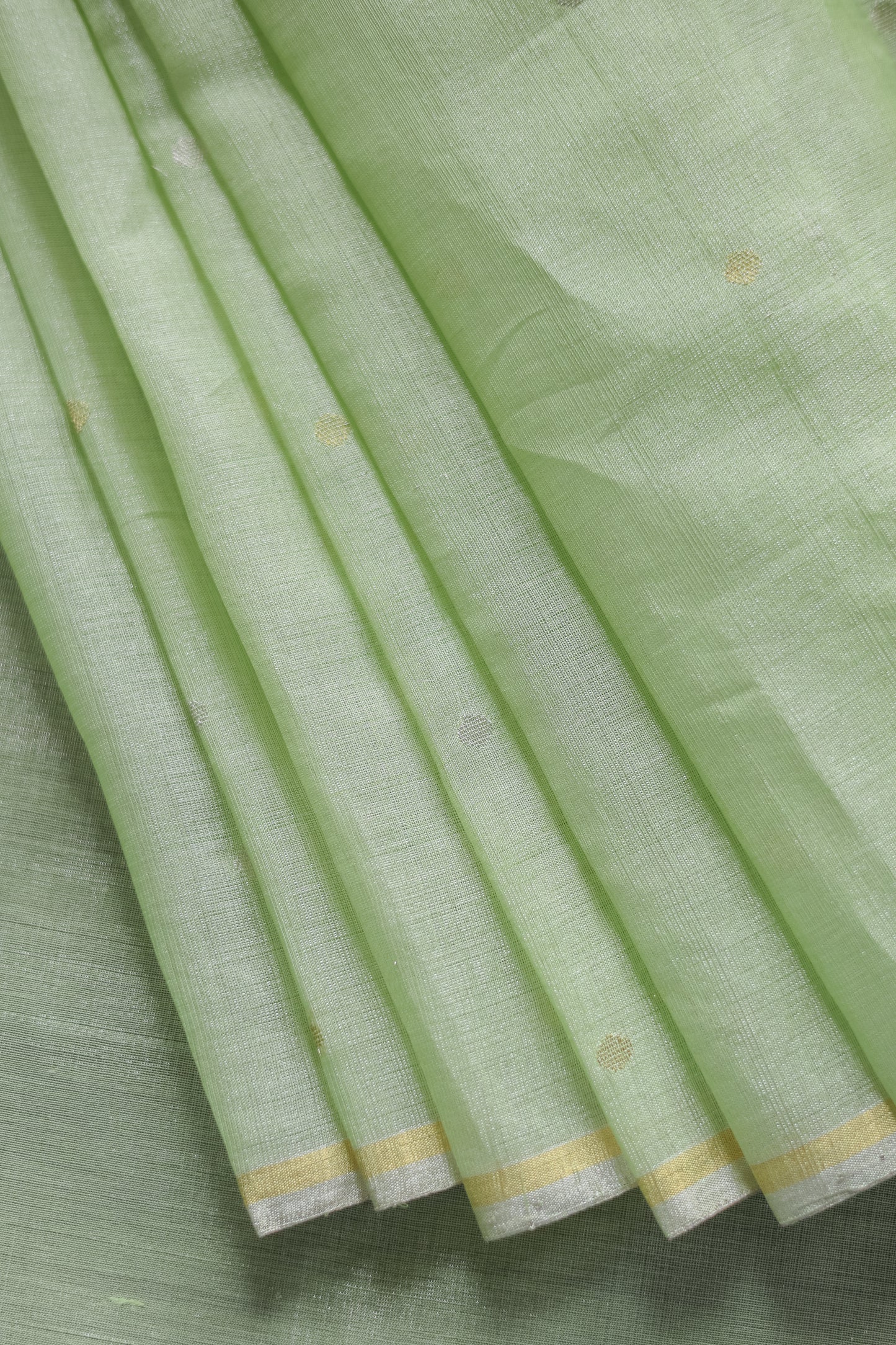 Light Green Silk Cotton Tissue All Over Small Zari Polka Saree