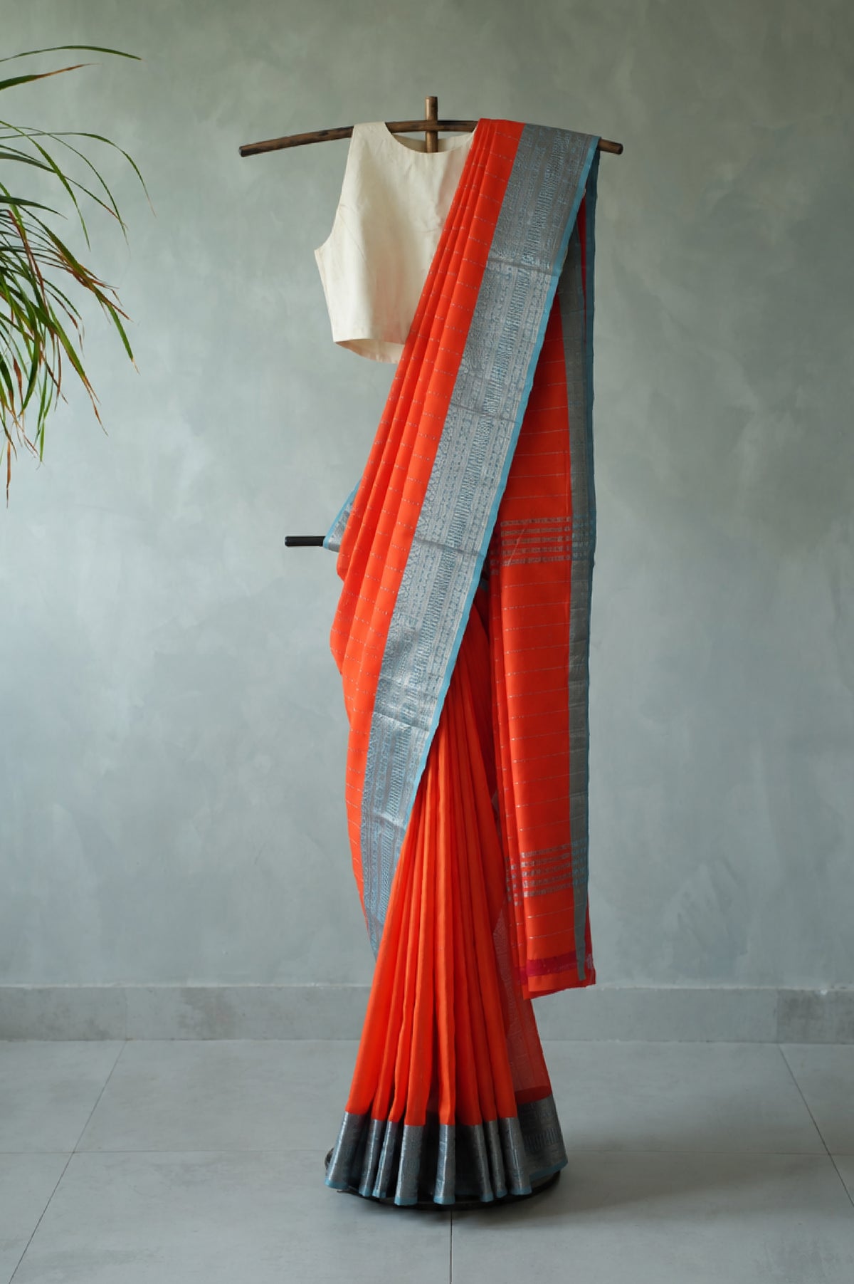 Vermilion Orange Mangalagiri Silk Cotton Saree with Blue and Silver Border