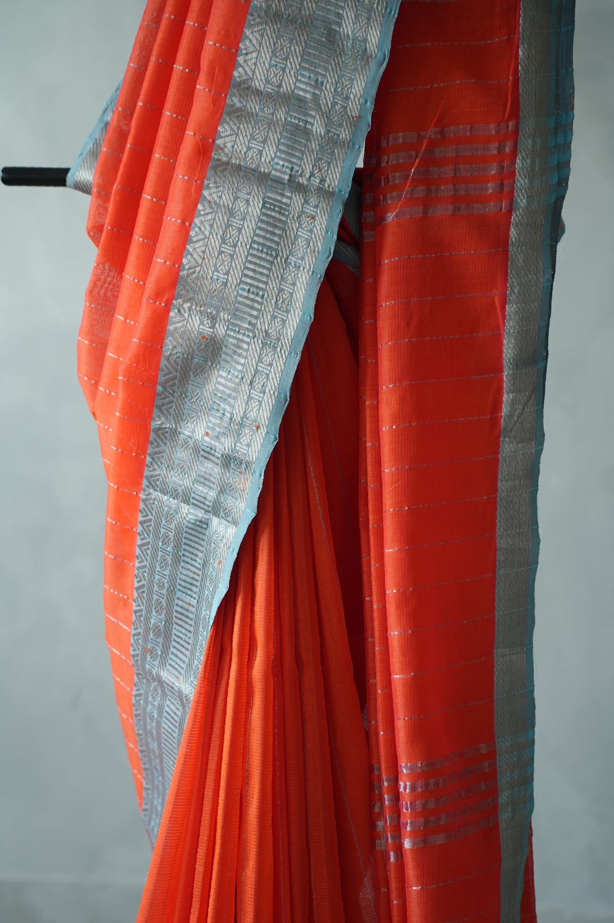 Vermilion Orange Mangalagiri Silk Cotton Saree with Blue and Silver Border