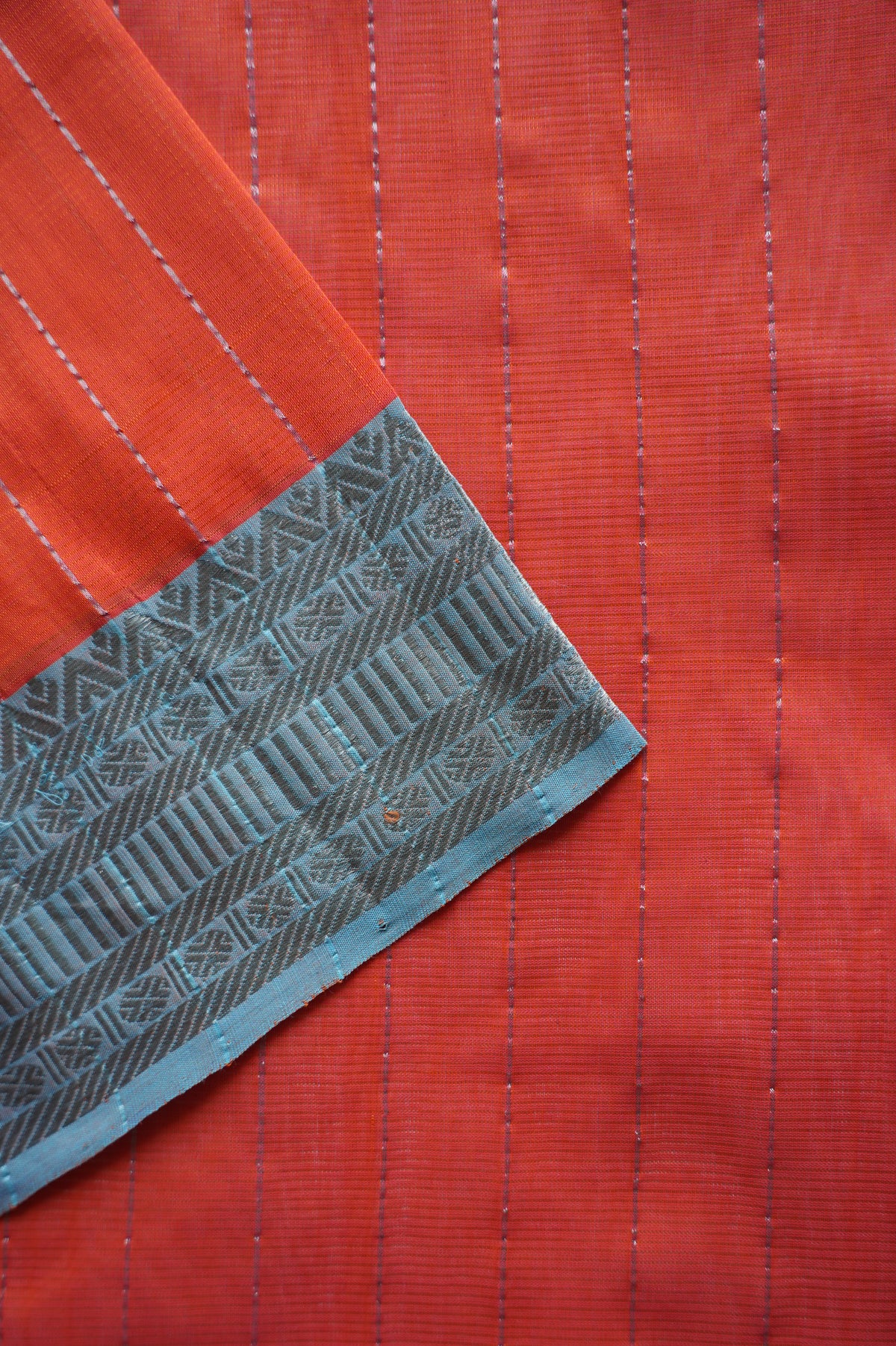 Vermilion Orange Mangalagiri Silk Cotton Saree with Blue and Silver Border