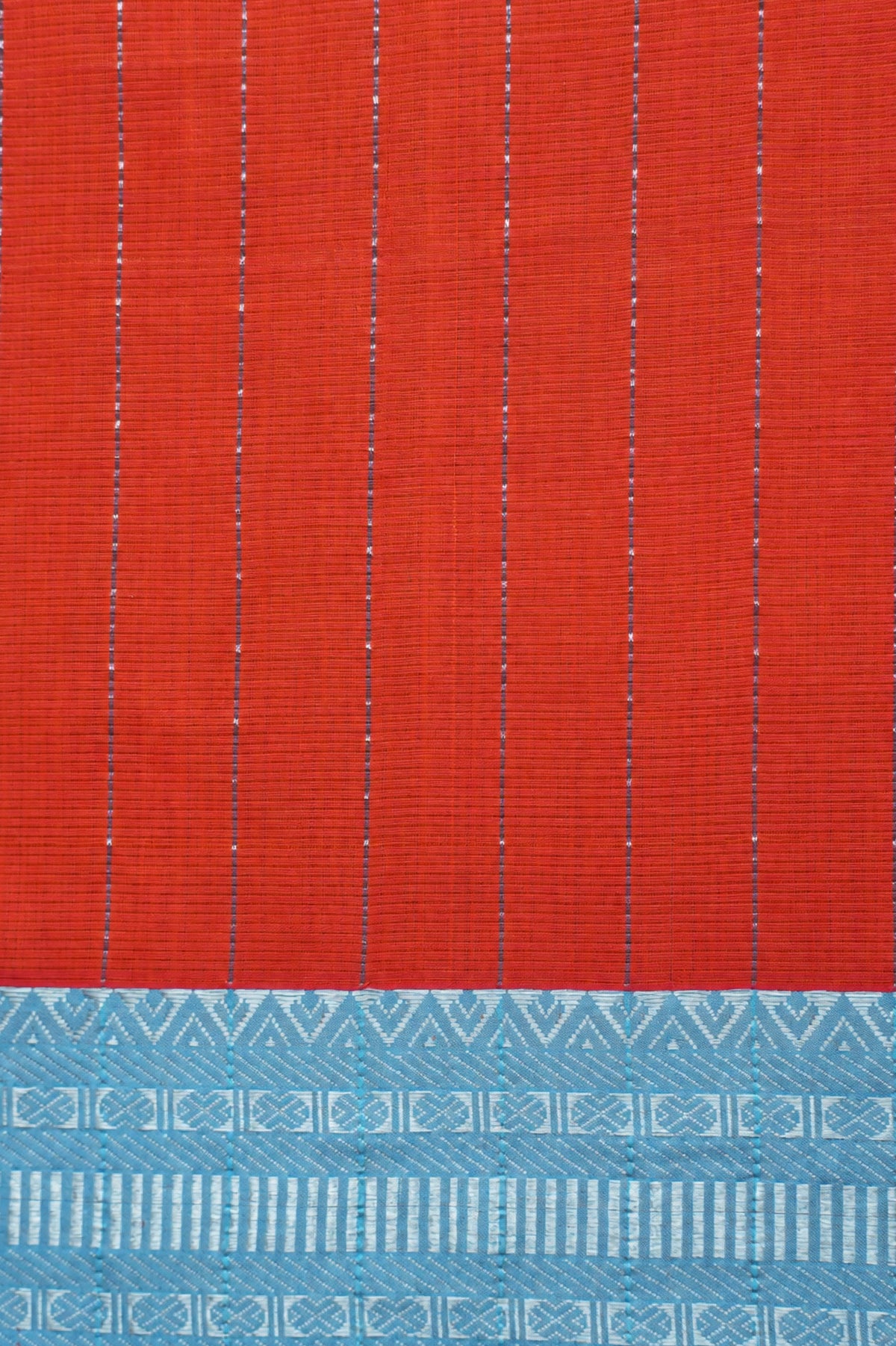 Vermilion Orange Mangalagiri Silk Cotton Saree with Blue and Silver Border