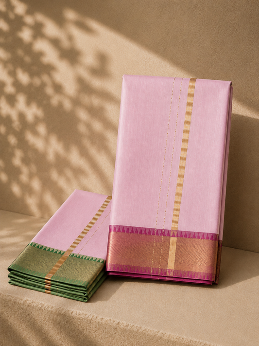 Light Pink Mangalagiri Silk Cotton Veshti Set with Gold Zari, Reddish Pink & Green Border