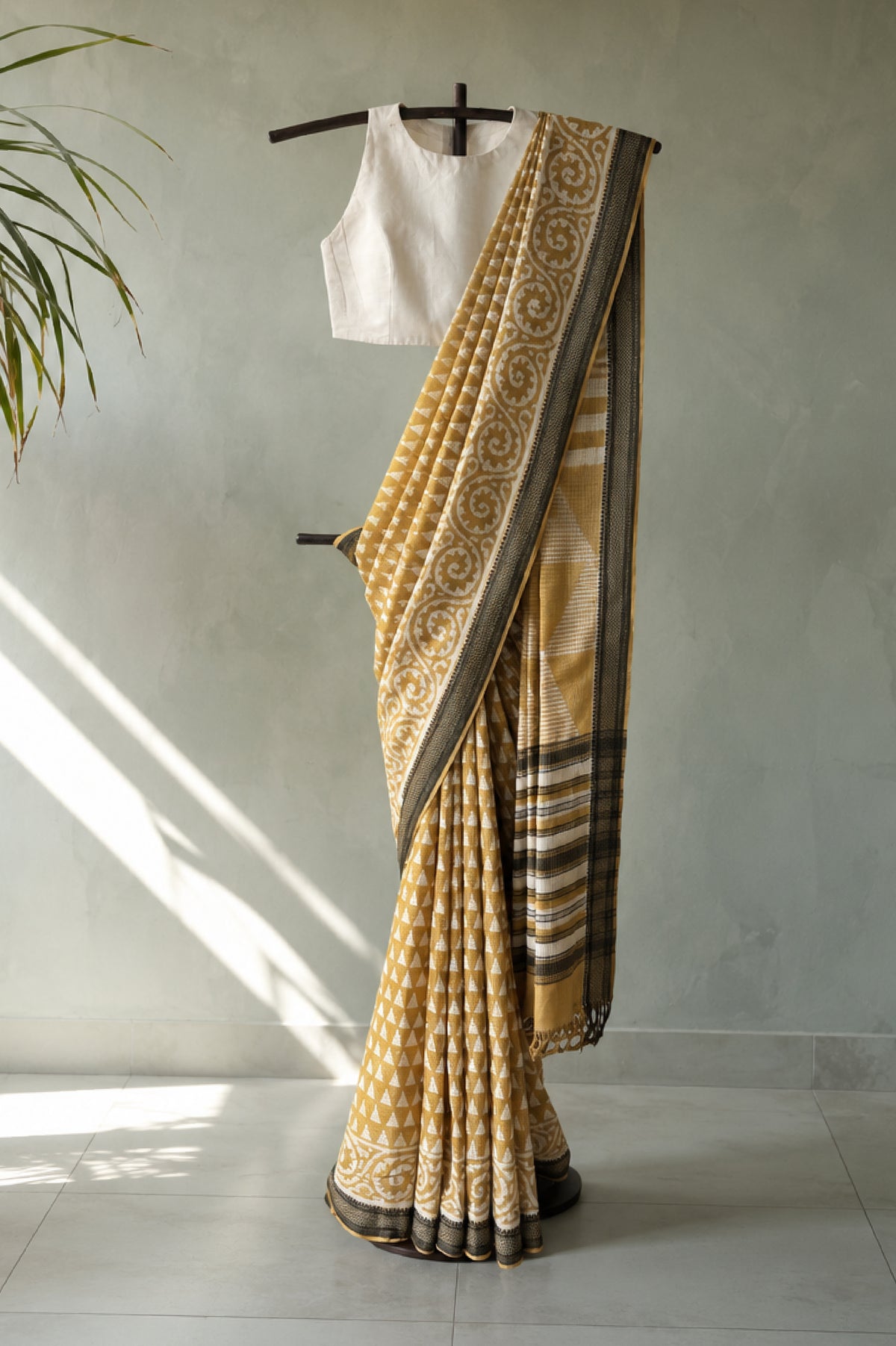 Mustard Yellow Mangalagiri Cotton Saree Featuring an All Over Dabu Print with Black Border