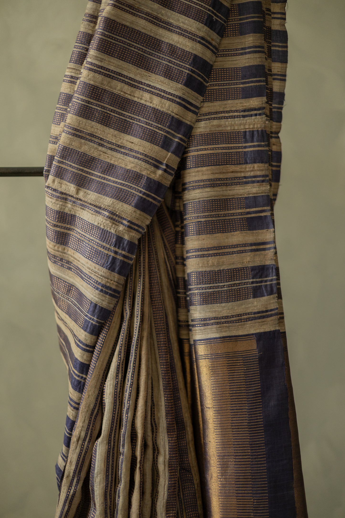 Dark Blue Tussar with All Over Stripes Saree