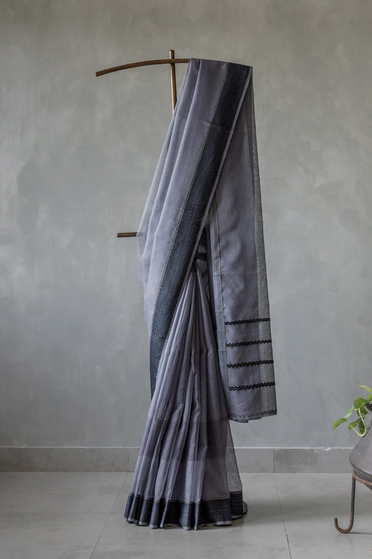 Dark Grey Silk Mercerised Cotton with Multi Checked Body and Zig Zag Border Saree