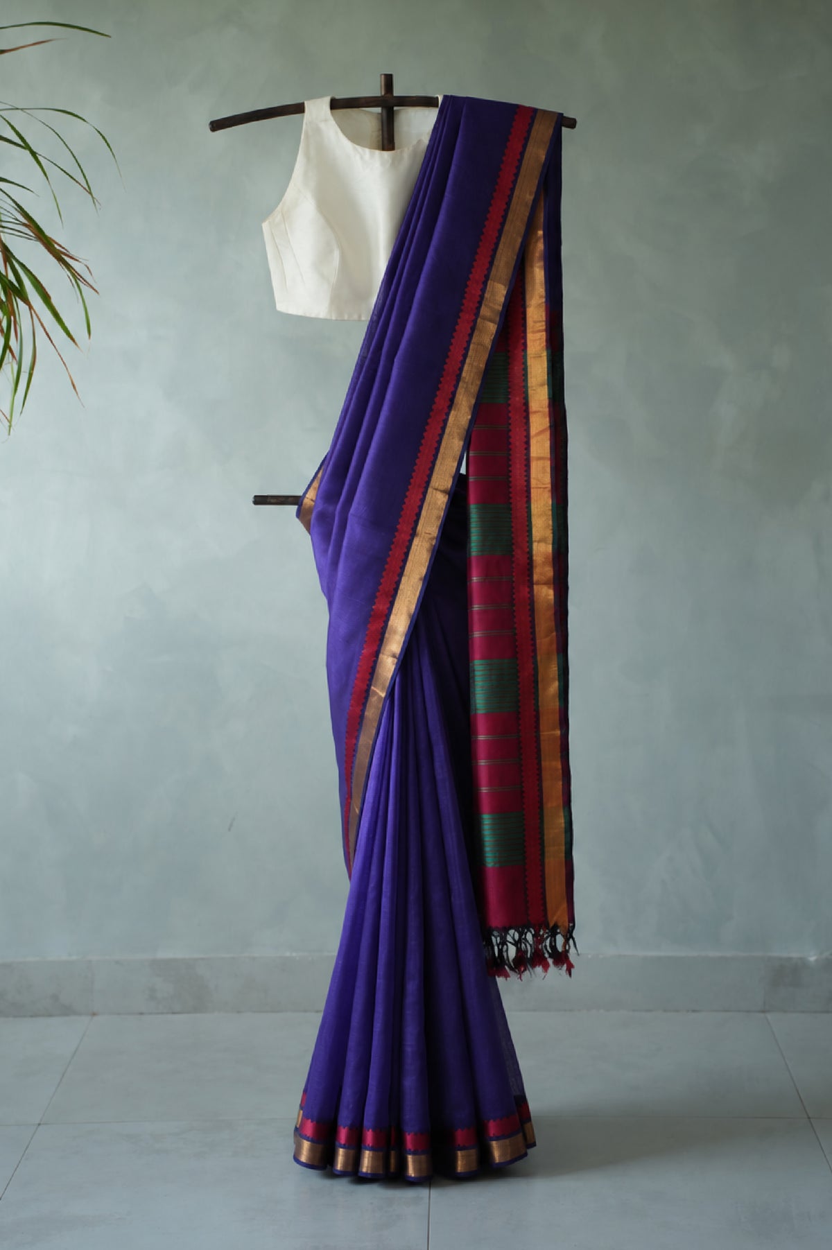 Royal Purple Mangalagiri Silk Cotton Saree with Maroon and Gold Zari Border