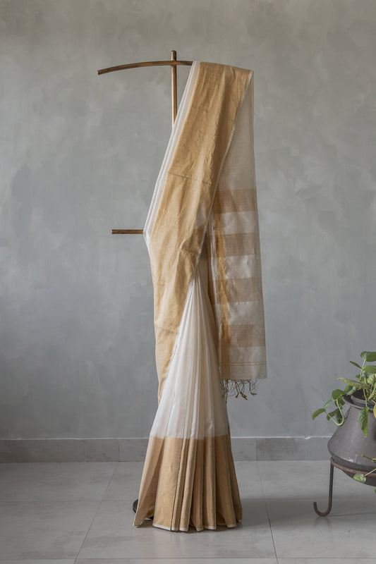 White and Gold Silk with Mercerized Cotton Saree