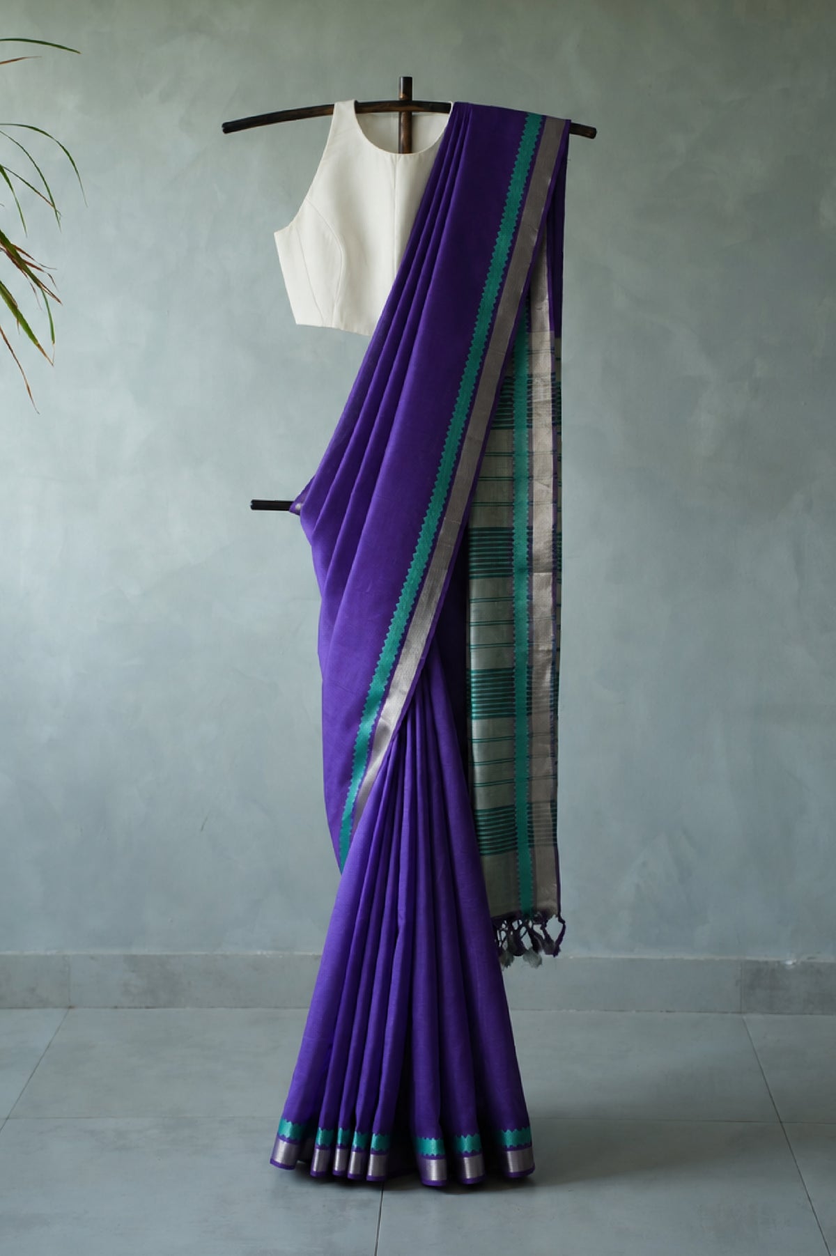 Royal Purple Mangalagiri Silk Cotton Saree with blue and Silver Zari Border