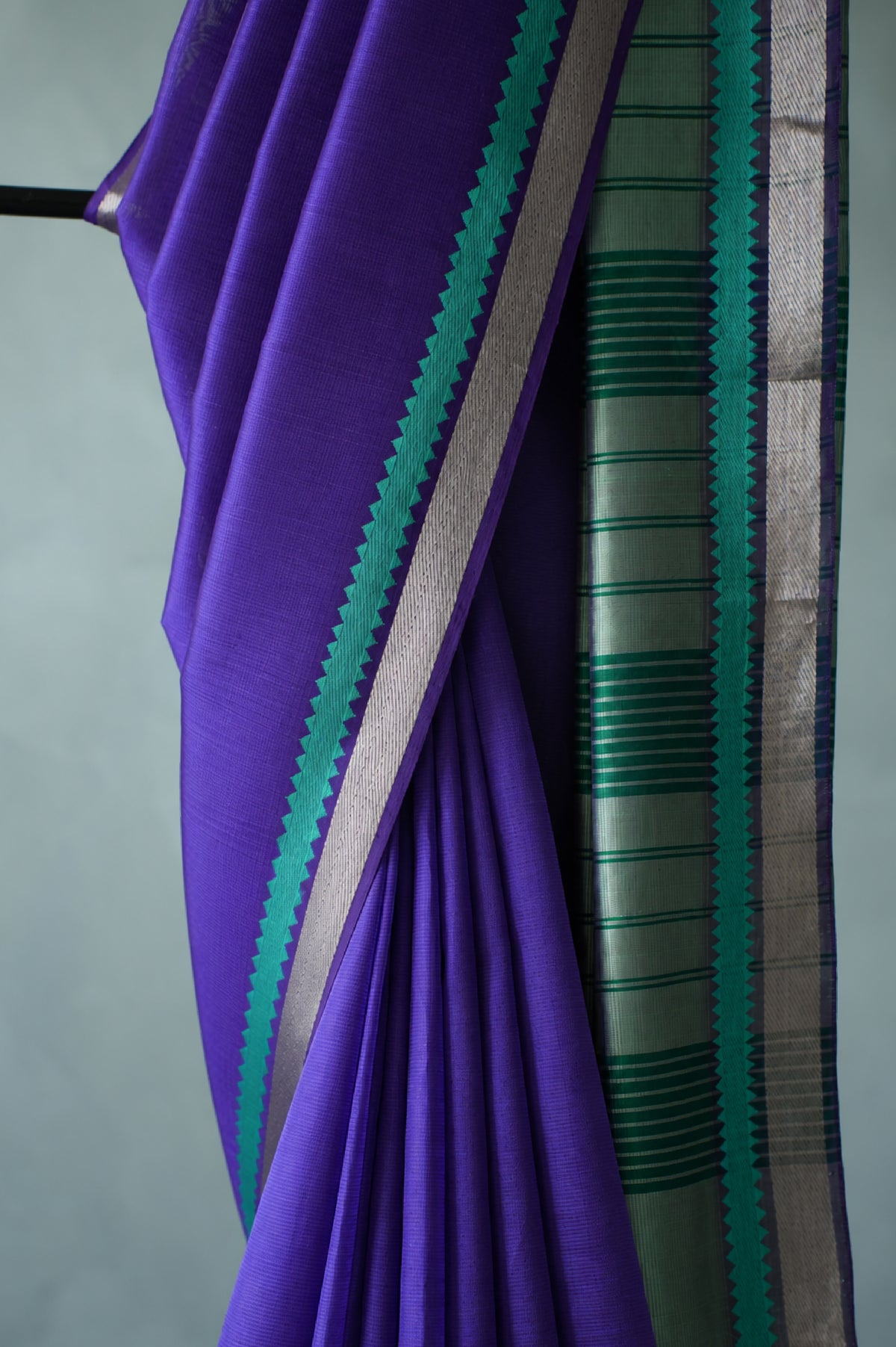 Royal Purple Mangalagiri Silk Cotton Saree with blue and Silver Zari Border