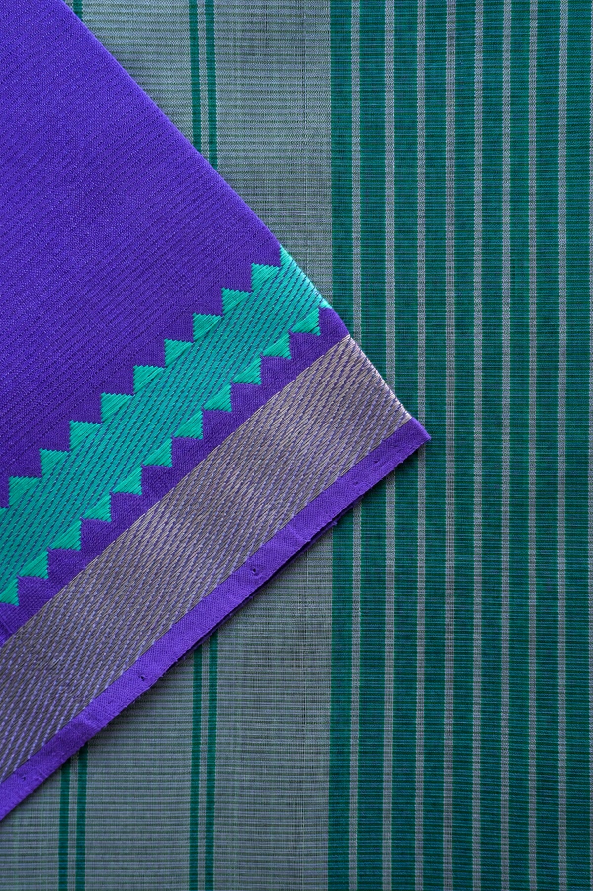 Royal Purple Mangalagiri Silk Cotton Saree with blue and Silver Zari Border