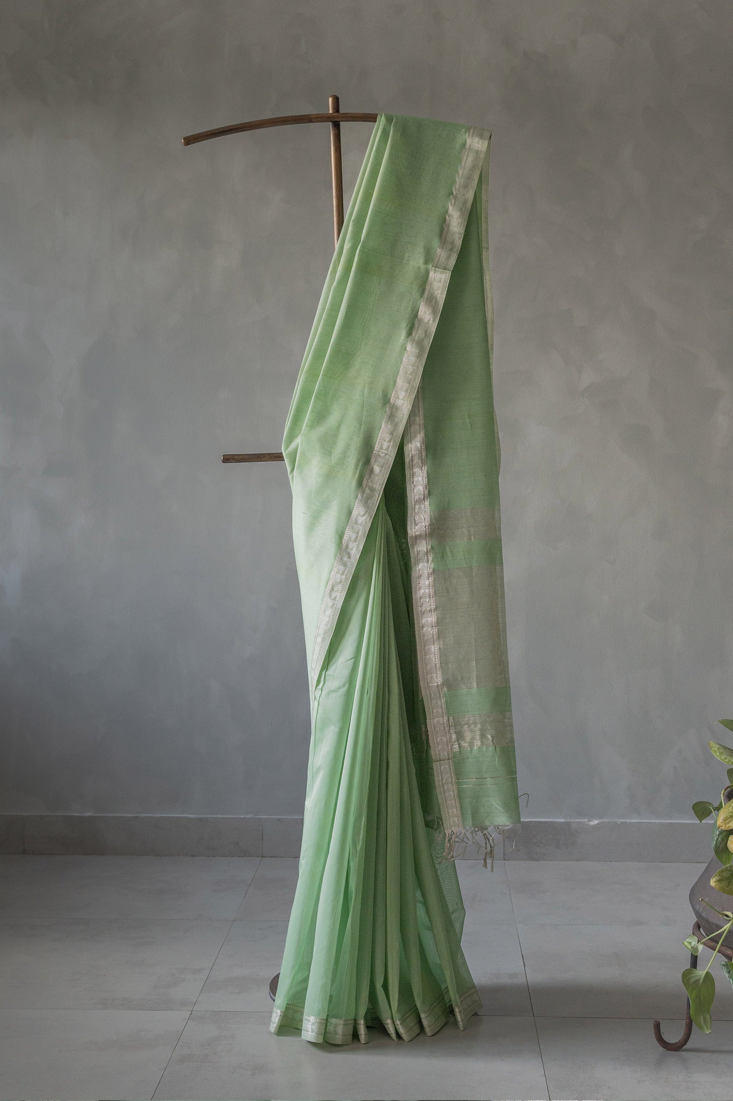 Green Silk Cotton with Triangle Jala Border Saree