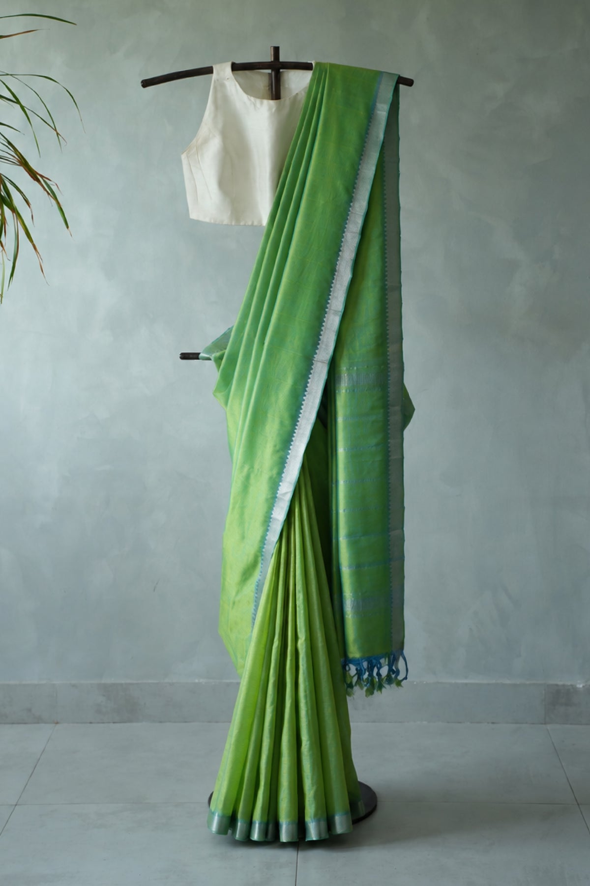 Bright Green Mangalagiri Silk Cotton Saree with Silver Zari Border