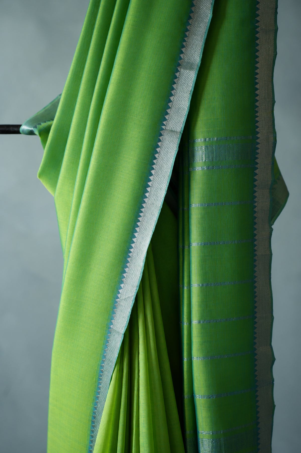 Bright Green Mangalagiri Silk Cotton Saree with Silver Zari Border