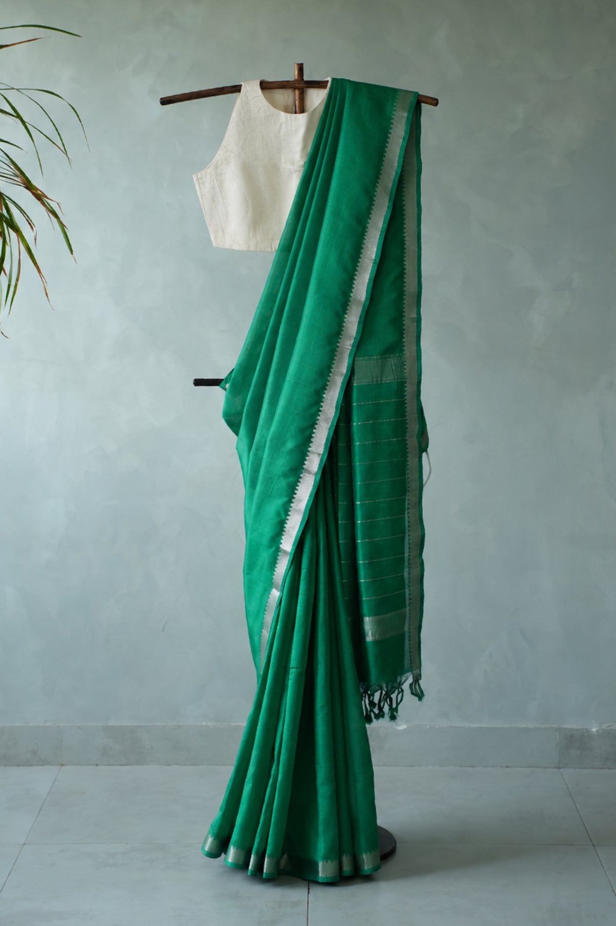 Emerald Green Mangalagiri Silk Cotton Saree with Silver Zari Border