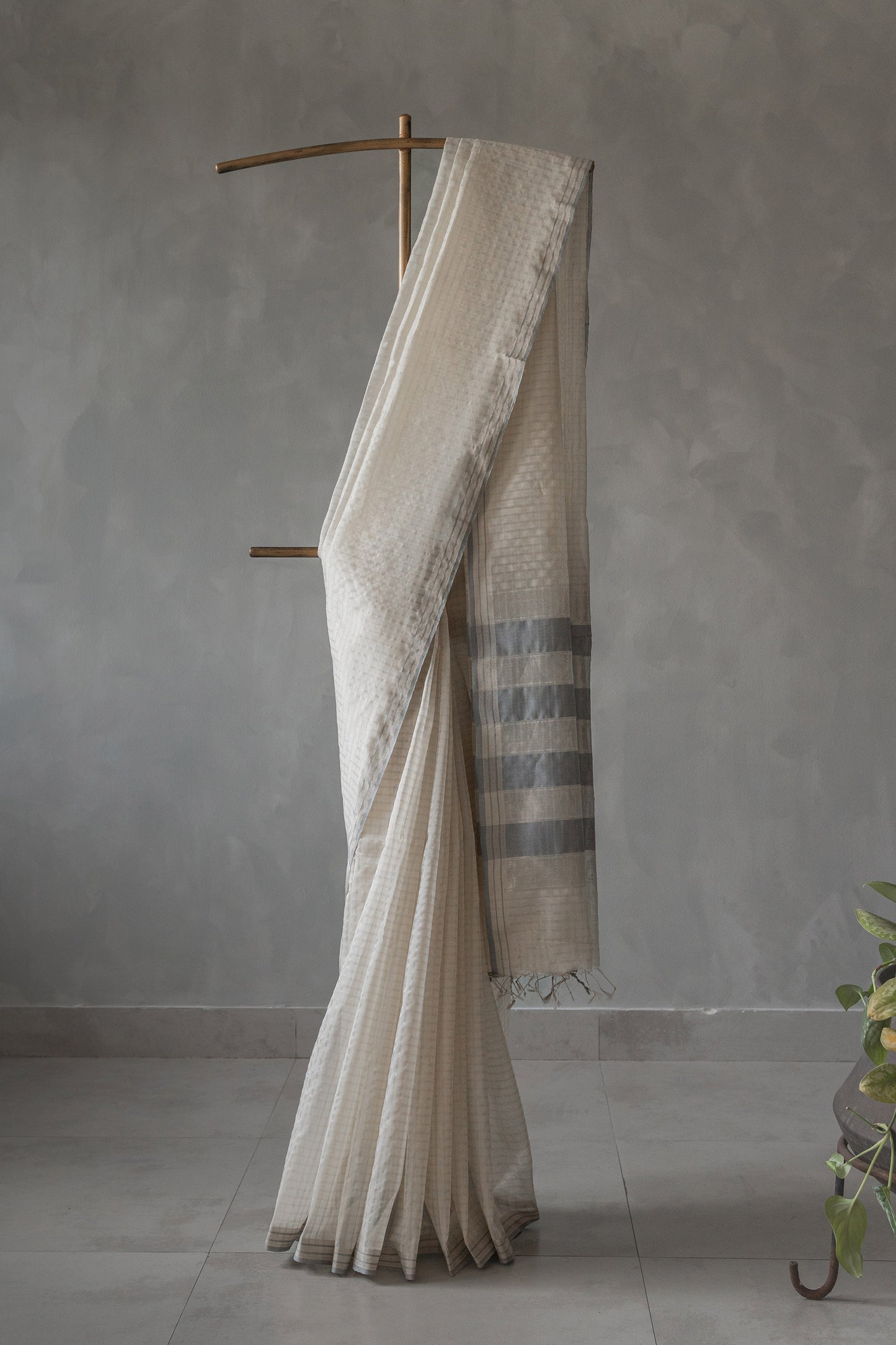 White Silk Mercerised Cotton with Silver Striped Checked Saree