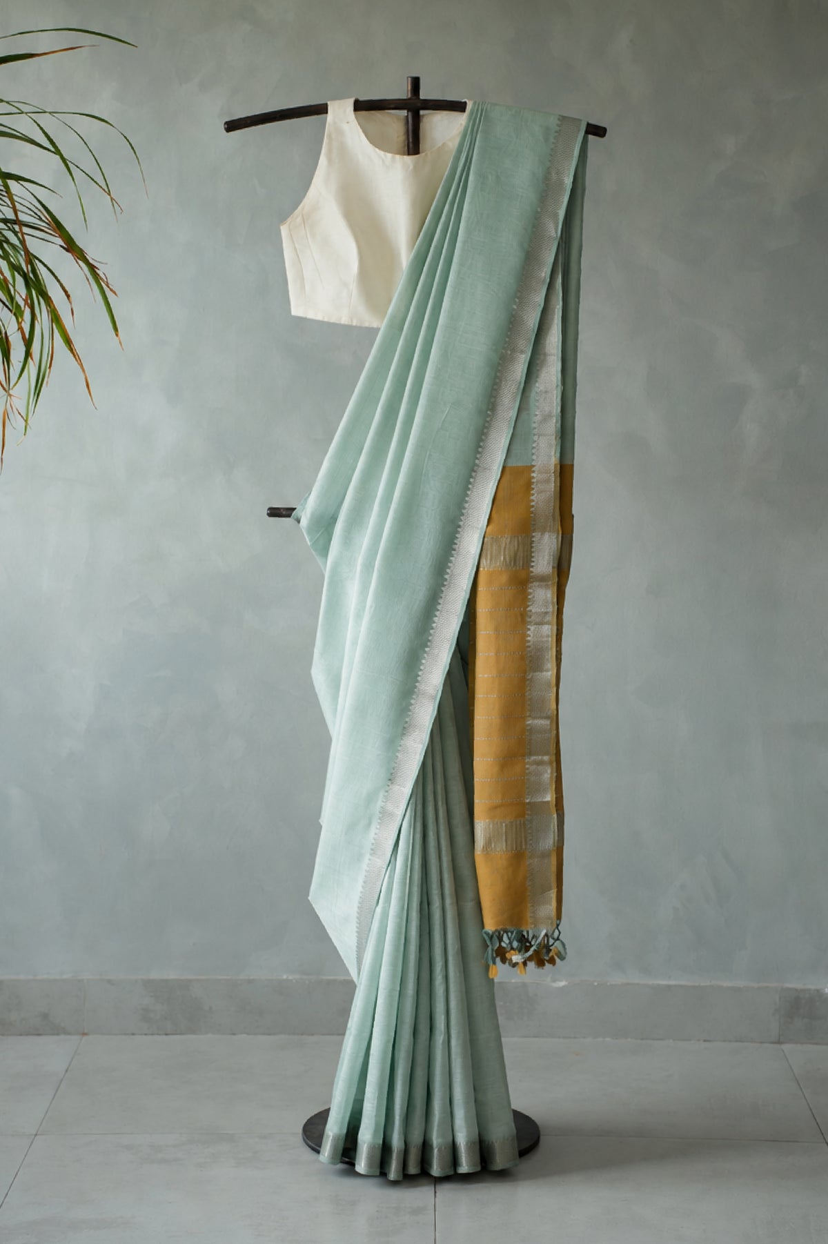 Pastel Aqua Blue Mangalagiri Silk Cotton Saree with Silver Zari Border and Mustard Yellow Pallu