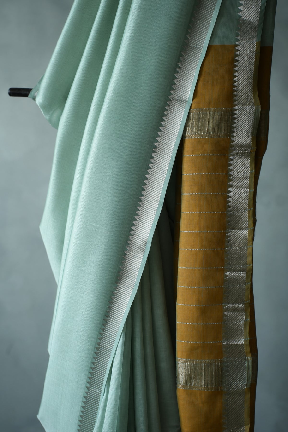 Pastel Aqua Blue Mangalagiri Silk Cotton Saree with Silver Zari Border and Mustard Yellow Pallu