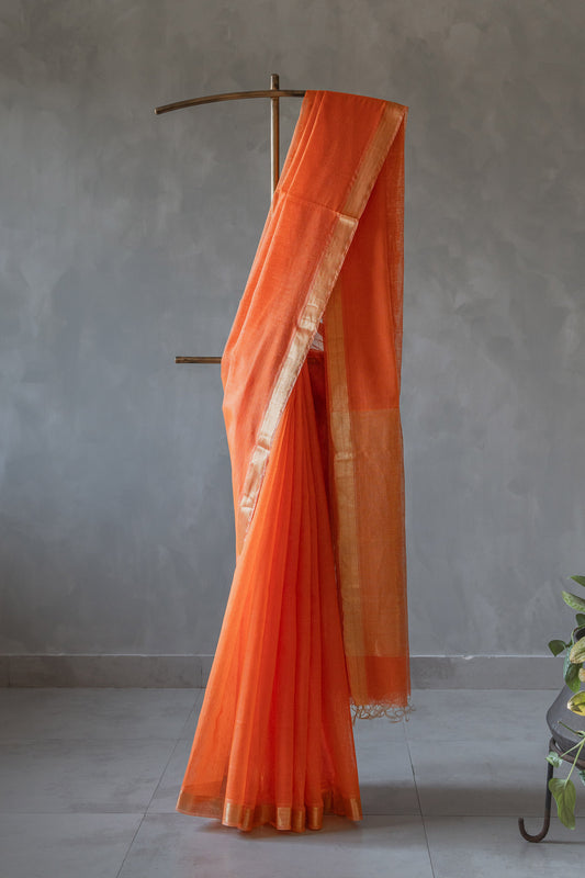 Orange Silk Khadi with Zari Border Striped Pallu Saree