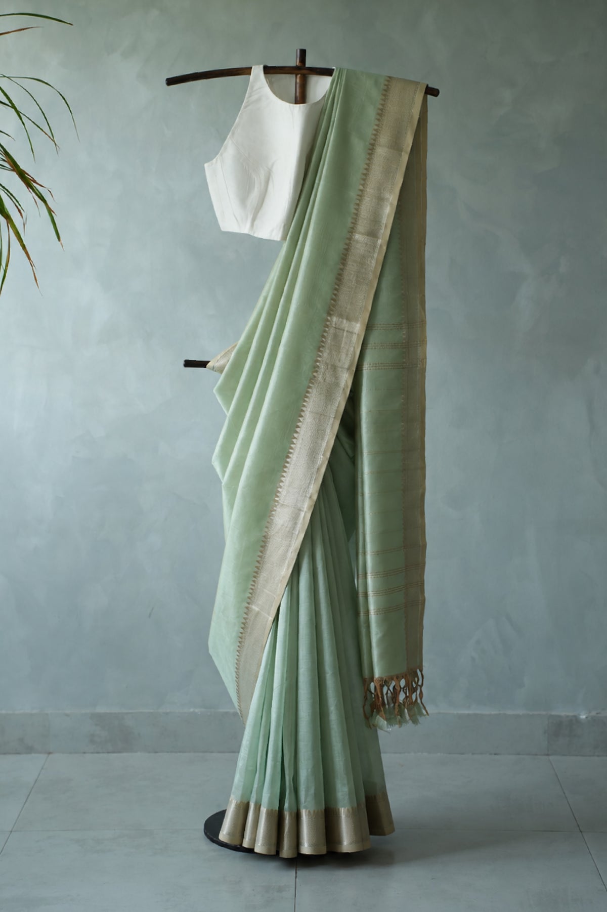 Pastel Sage Green Mangalagiri Silk Cotton Saree with Broad Silver Zari Border