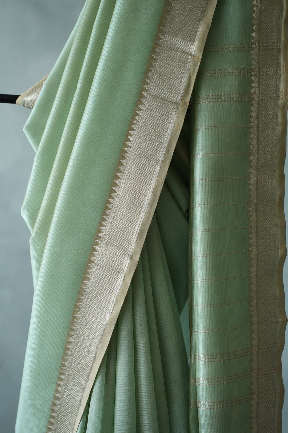 Pastel Sage Green Mangalagiri Silk Cotton Saree with Broad Silver Zari Border