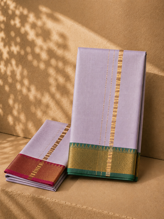 Lilac Mangalagiri Silk Cotton Veshti Set with Royal Blue  and Green Gold Zari Border