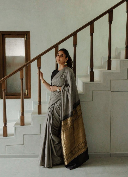 Black and White Micro-Check Silk Saree with Gold Zari Pallu